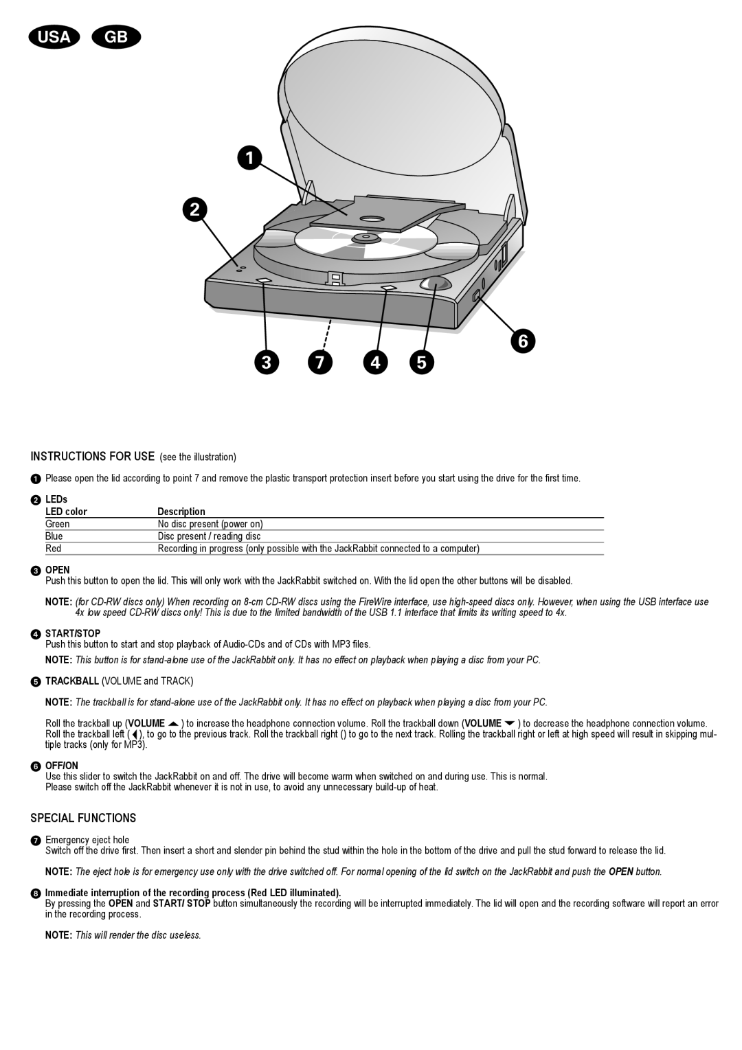 Philips CD-R/RW user manual Special Functions, LEDs LED color Description, Open, Start/Stop, Off/On 