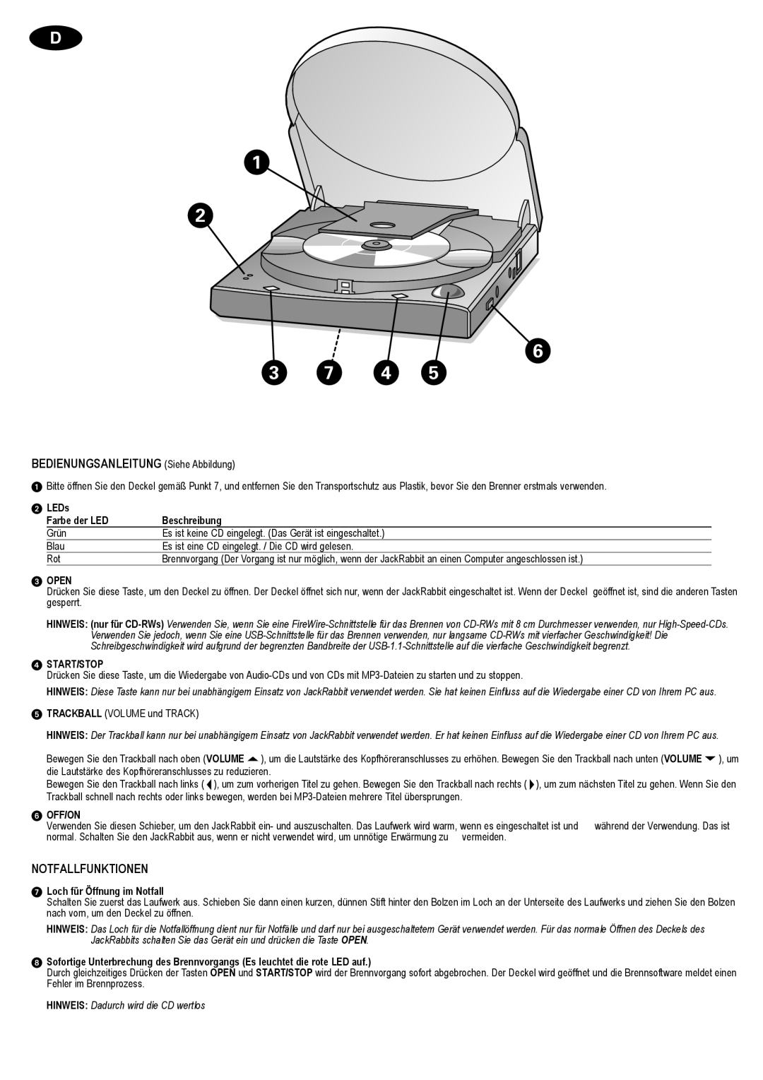 Philips CD-R/RW user manual Bedienungsanleitung Siehe Abbildung, Notfallfunktionen, LEDs Farbe der LED Beschreibung 