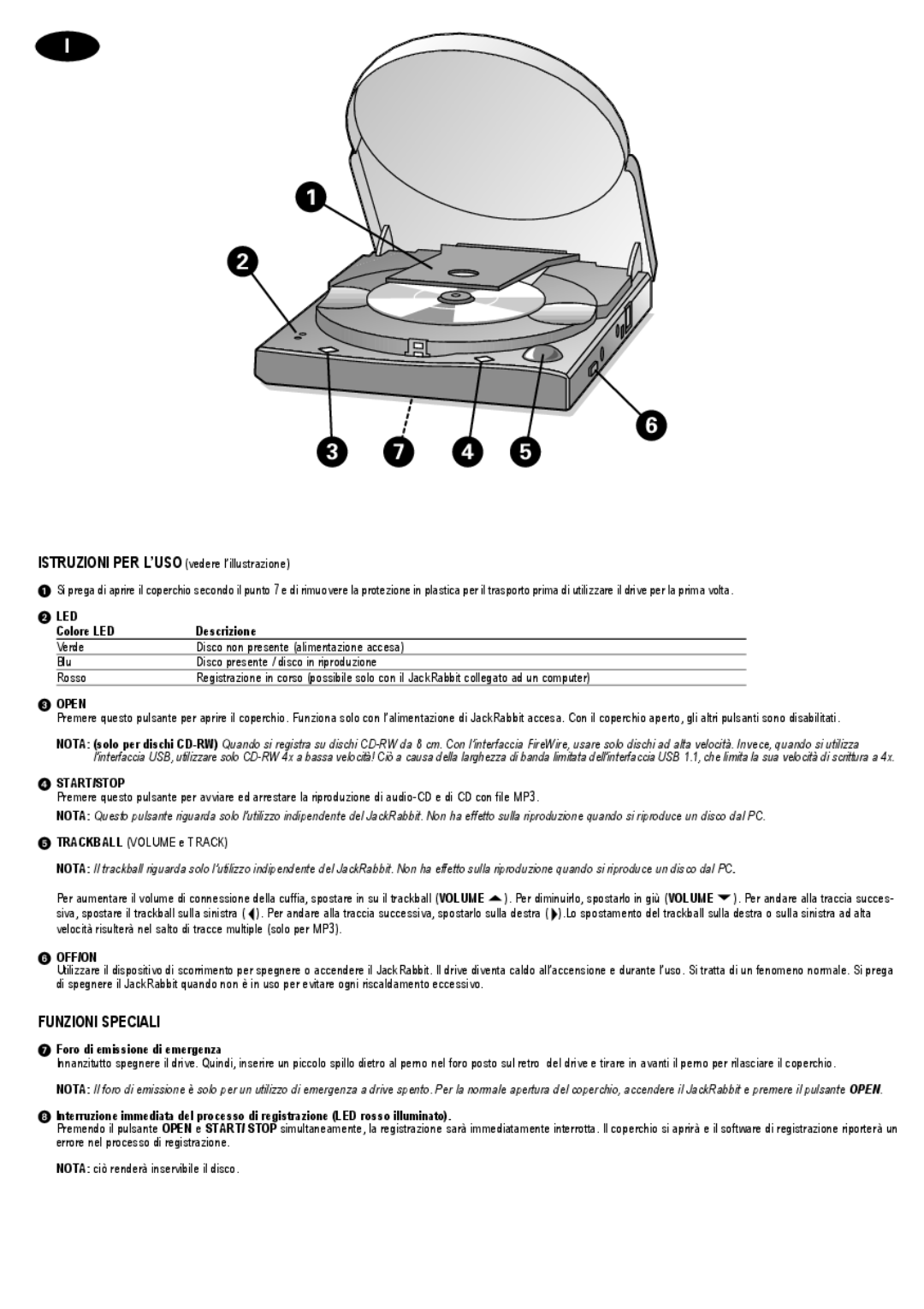 Philips CD-R/RW user manual Funzioni Speciali, Led, Colore LED Descrizione, Foro di emissione di emergenza 