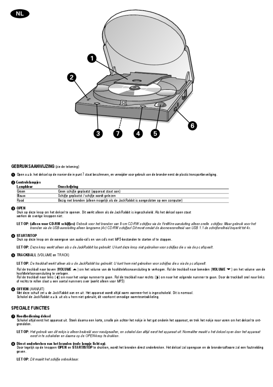 Philips CD-R/RW user manual Gebruiksaanwijzing zie de tekening, Speciale Functies, Controlelampjes Lampkleur Omschrijving 