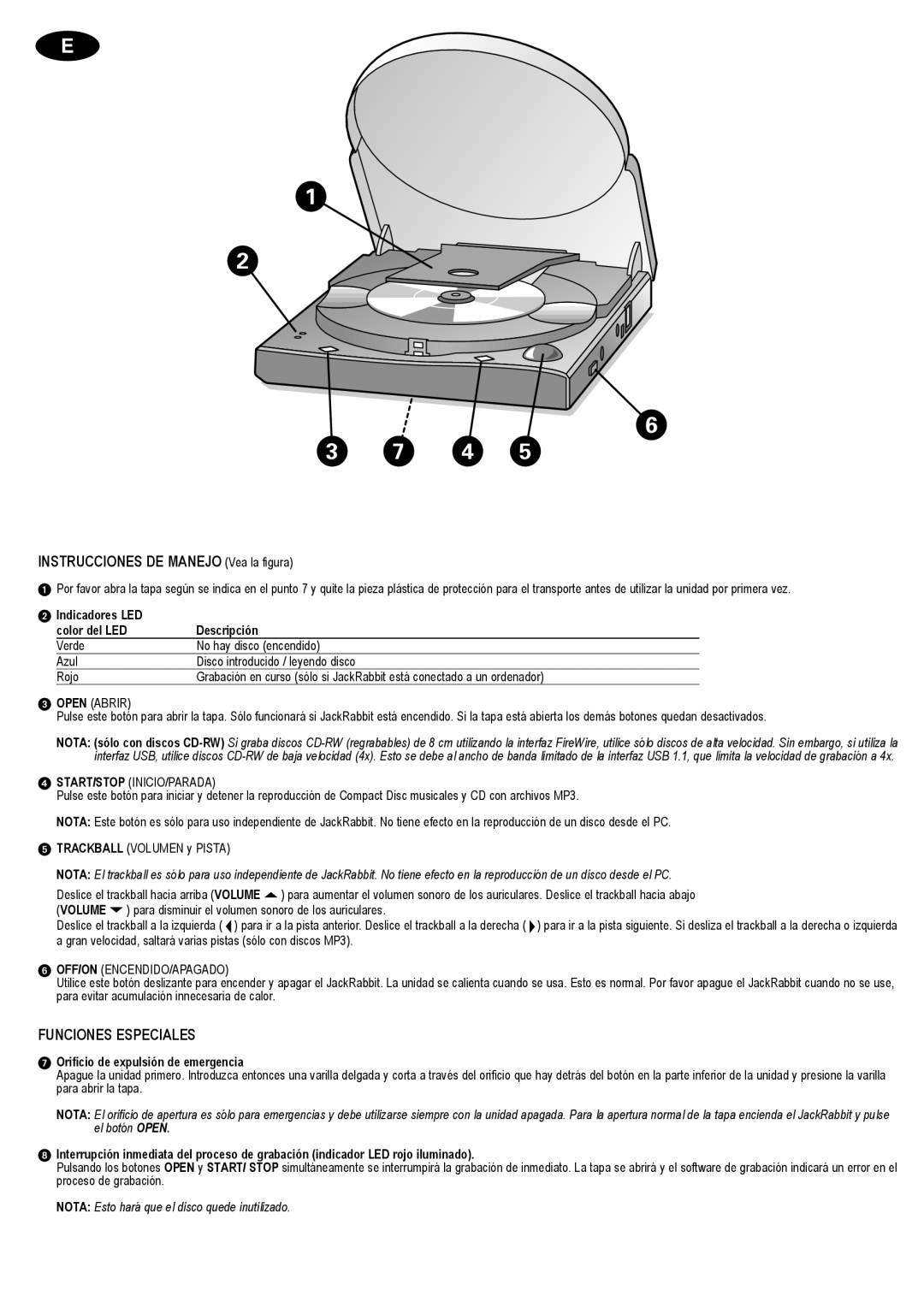 Philips CD-R/RW Instrucciones DE Manejo Vea la figura, Funciones Especiales, Indicadores LED Color del LED Descripción 