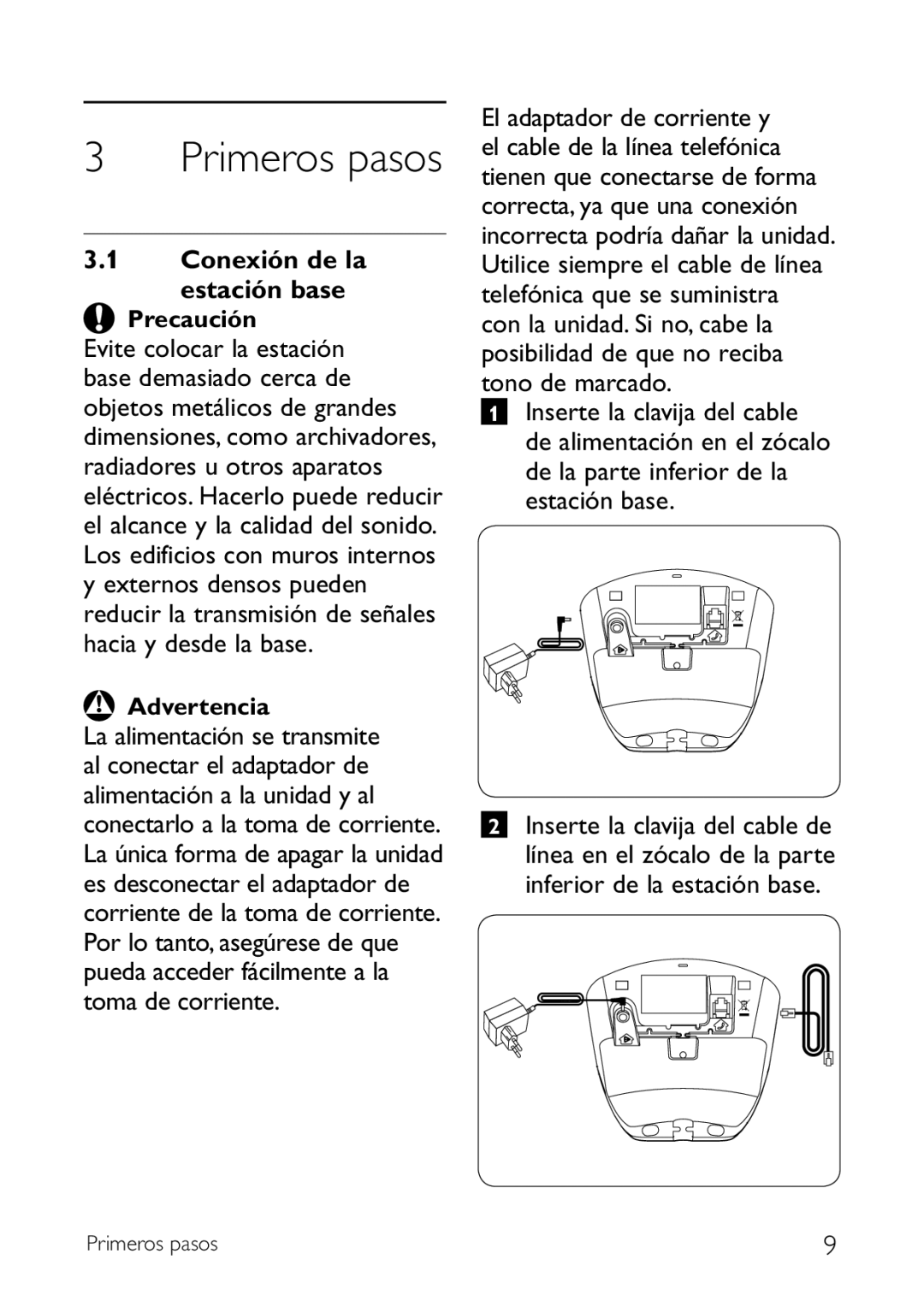 Philips CD140 manual Conexión de la estación base Precaución, Advertencia 