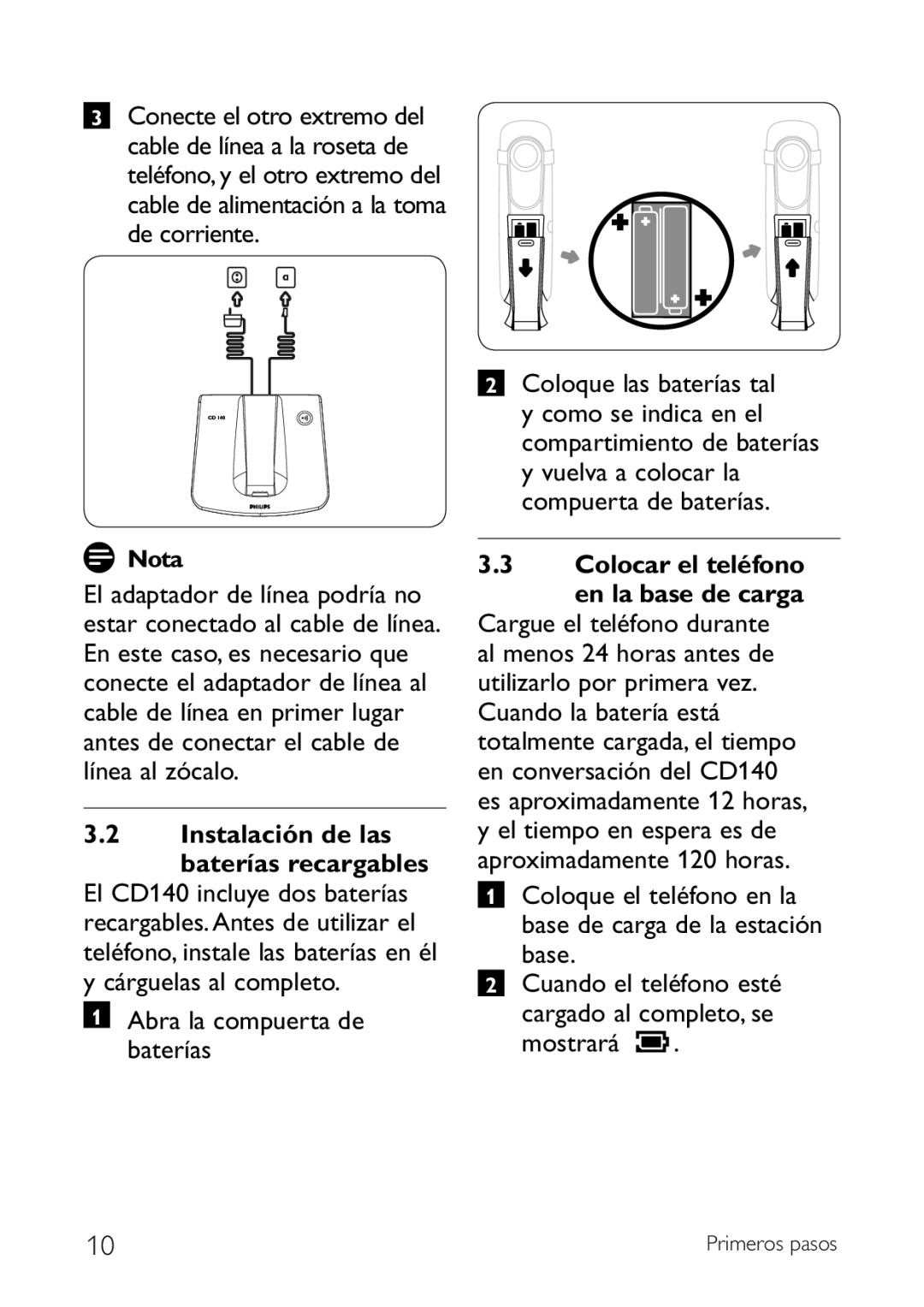 Philips CD140 manual Instalación de las baterías recargables, Colocar el teléfono en la base de carga 