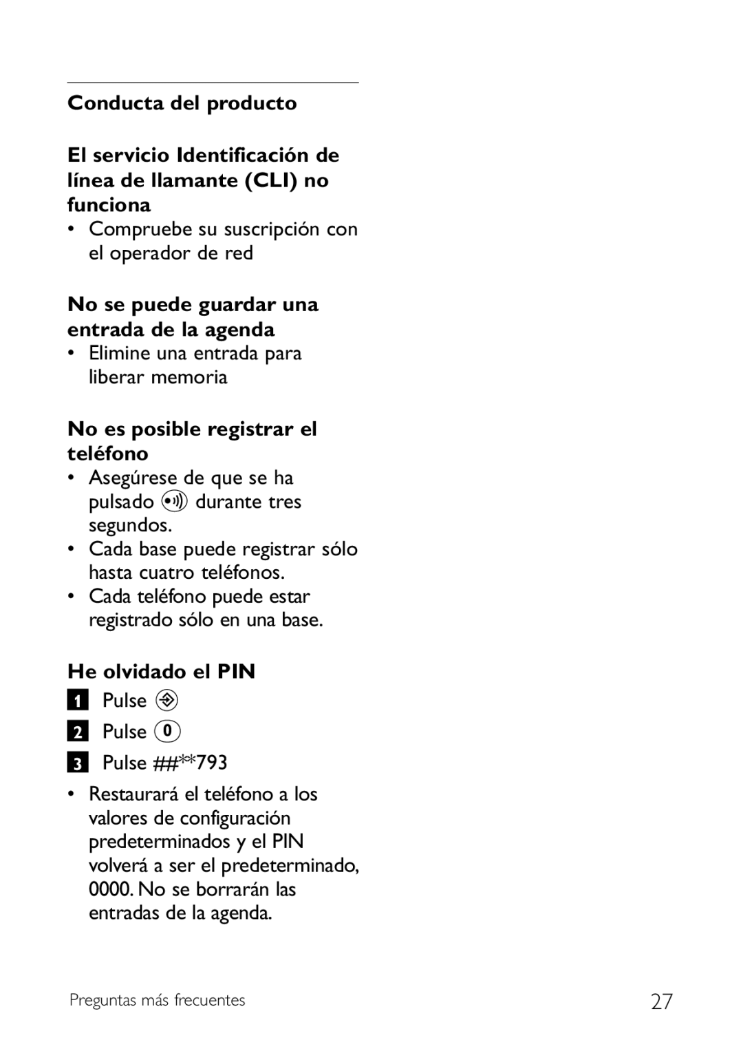 Philips CD140 manual No se puede guardar una entrada de la agenda, No es posible registrar el teléfono, He olvidado el PIN 