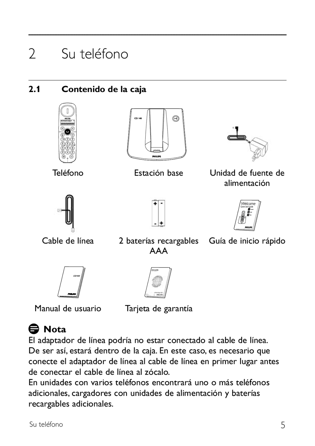 Philips CD140 manual Nota, Contenido de la caja, Teléfono Estación base, Baterías recargables Guía de inicio rápido 