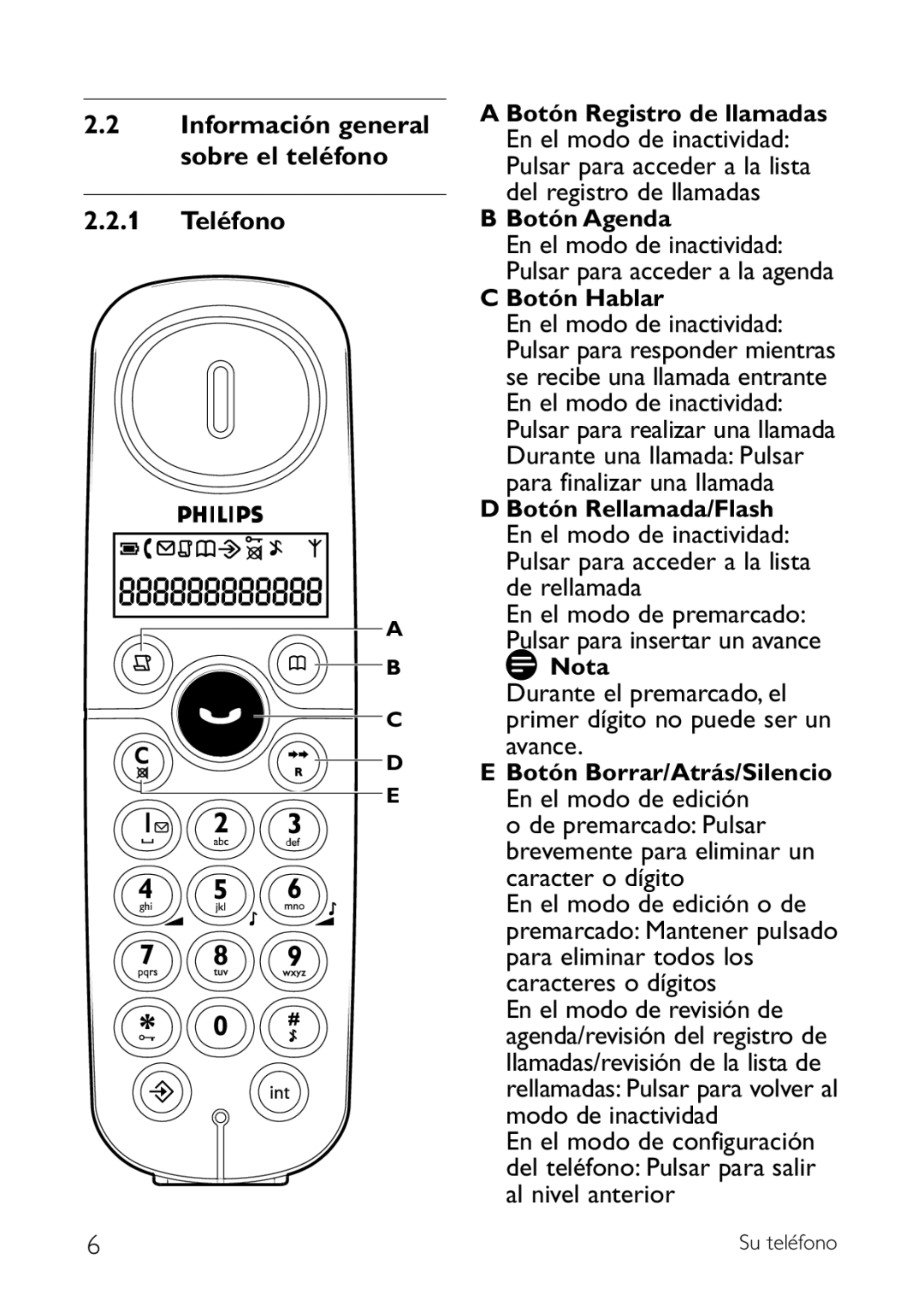 Philips CD140 manual 1 Teléfono Botón Registro de llamadas, Botón Agenda, Botón Hablar, Botón Rellamada/Flash, Nota 