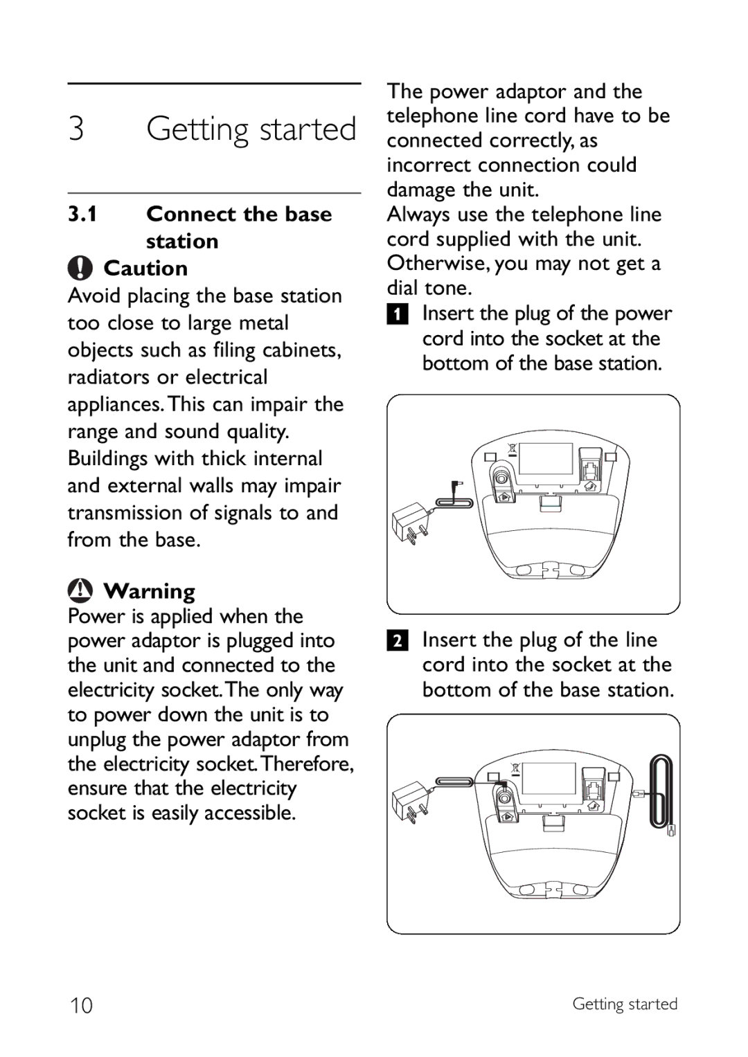 Philips CD140 manual Getting started, Connect the base Station 