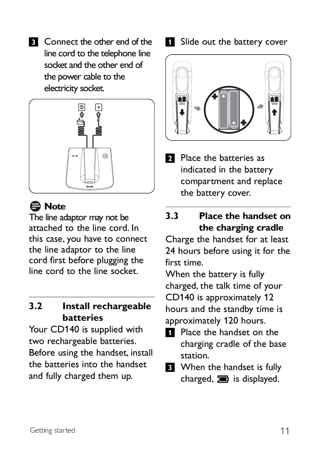 Philips CD140 manual Install rechargeable Batteries, Slide out the battery cover, Station When the handset is fully Charged 