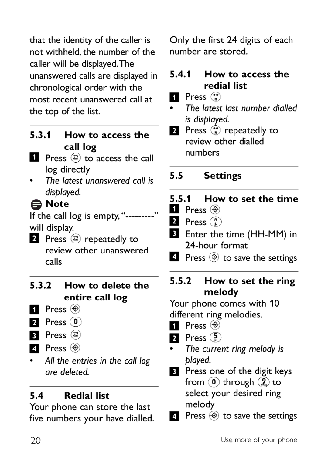 Philips CD140 manual How to access Call log, How to delete the entire call log, How to access Redial list 