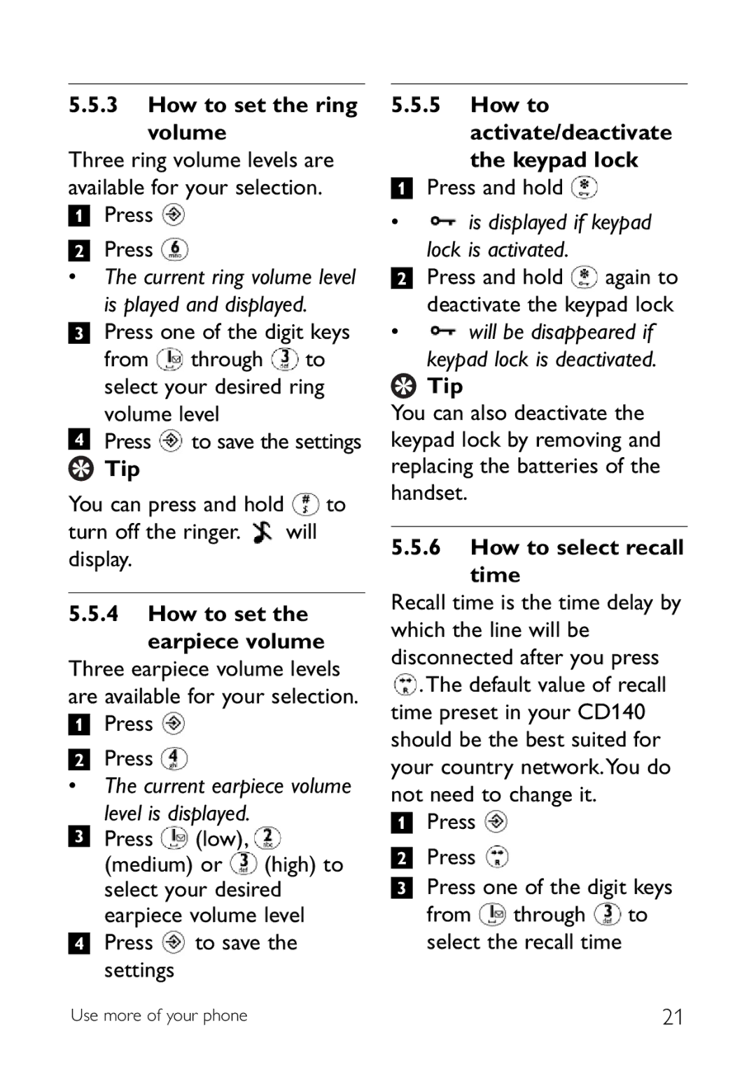 Philips CD140 manual How to set the ring volume, How to activate/deactivate Keypad lock, How to select recall time 