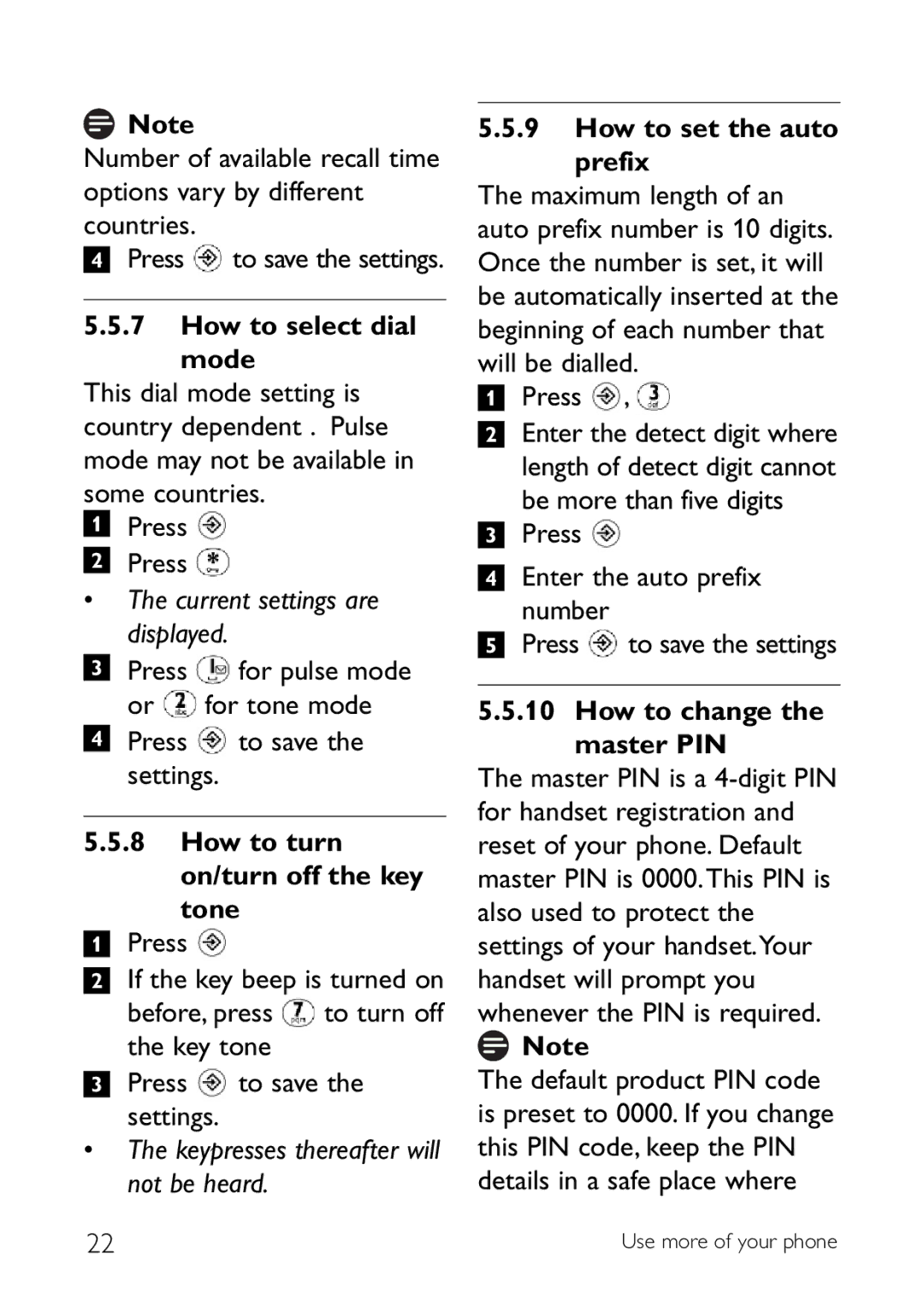 Philips CD140 manual How to select dial mode, Current settings are displayed, How to turn On/turn off the key tone 