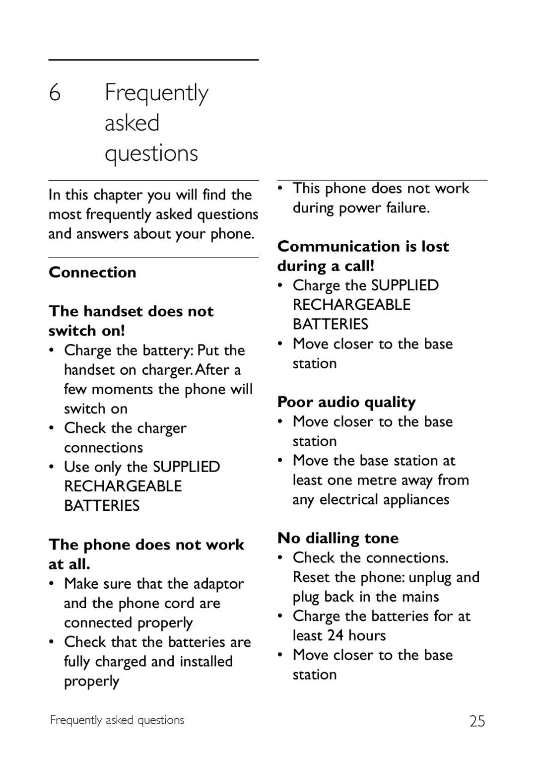 Philips CD140 manual Connection Handset does not switch on, Phone does not work at all, Communication is lost during a call 