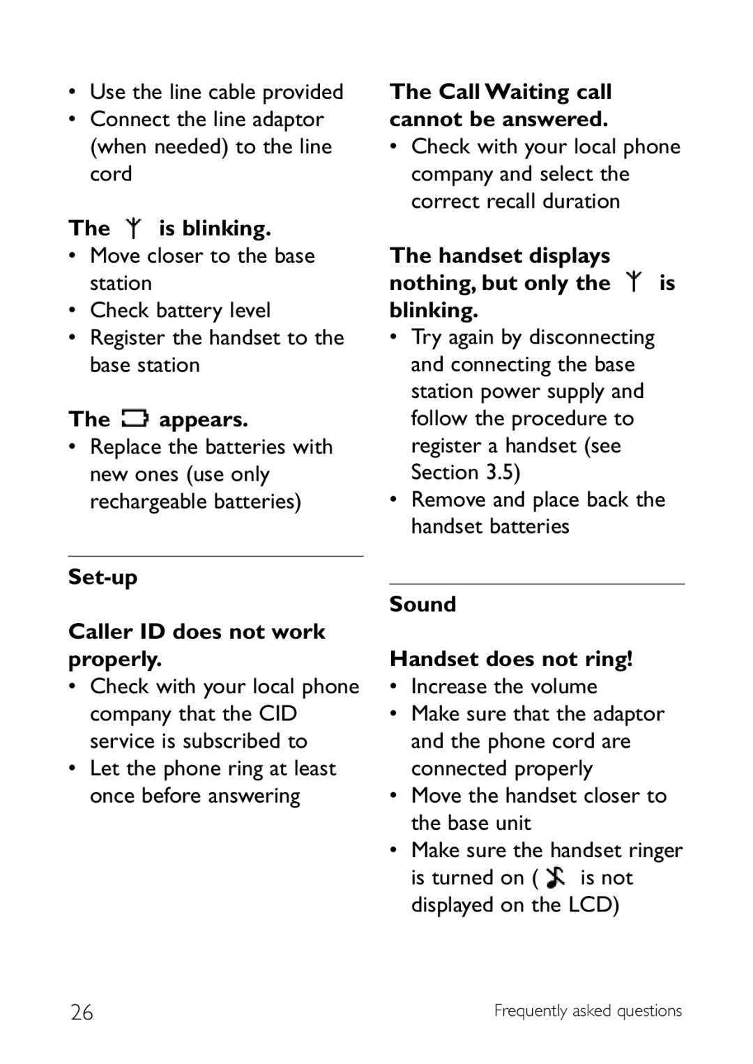 Philips CD140 manual Appears, Set-up Caller ID does not work properly, Call Waiting call cannot be answered 