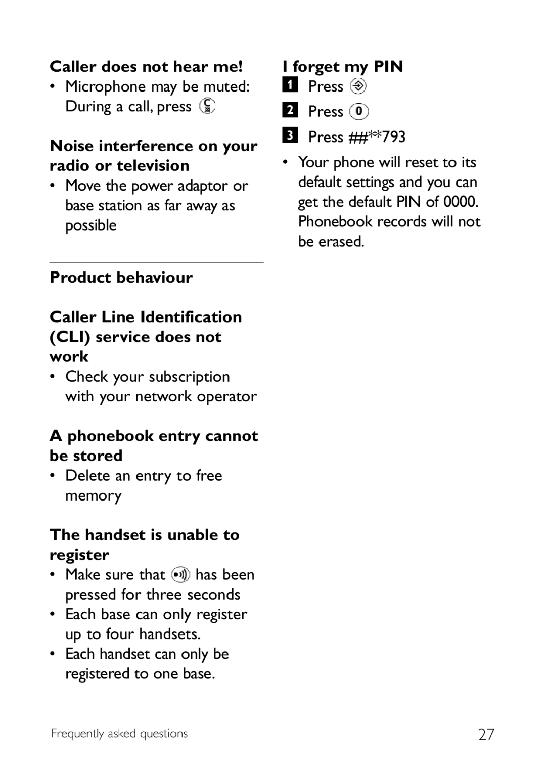 Philips CD140 Caller does not hear me, Noise interference on your radio or television, Phonebook entry cannot be stored 