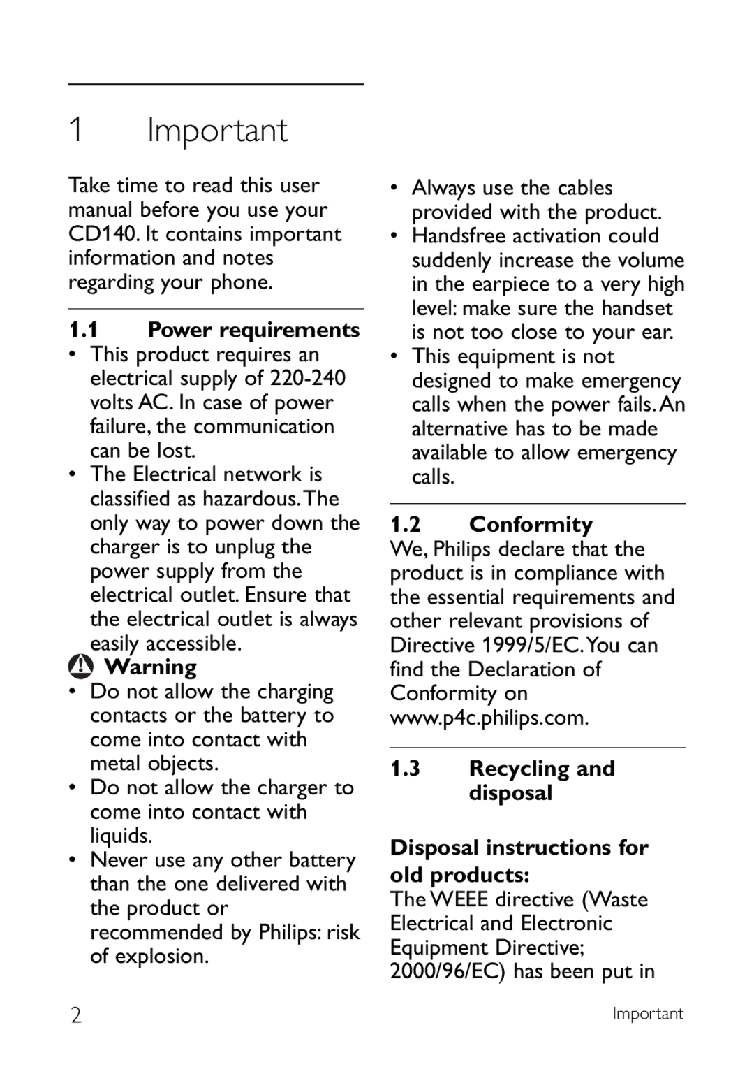 Philips CD140 manual Power requirements, Easily accessible 