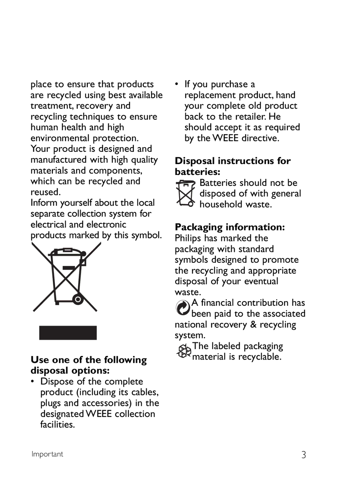 Philips CD140 manual Use one of the following disposal options, Disposal instructions for batteries 