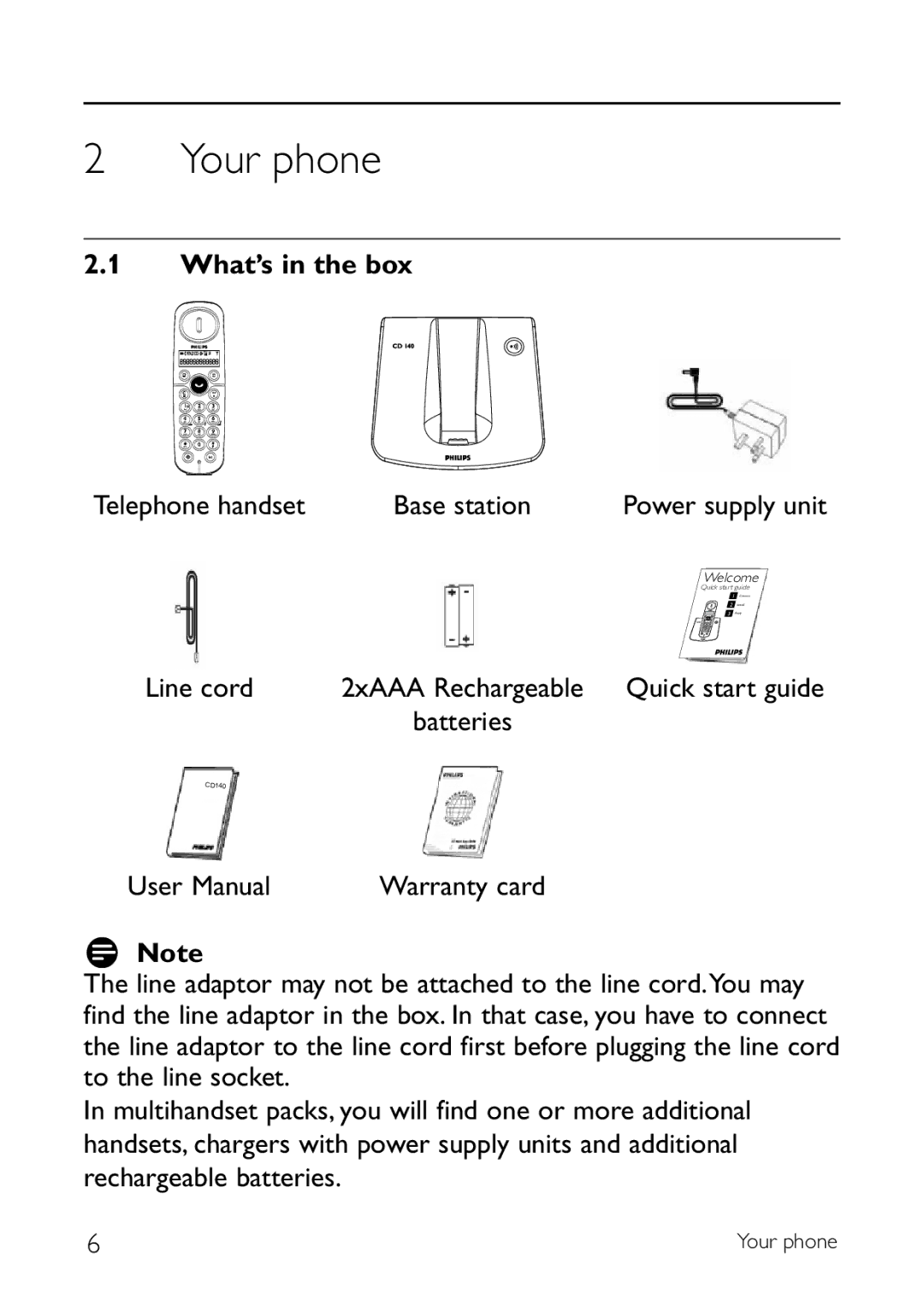 Philips CD140 manual What’s in the box, Telephone handset Base station, Line cord, Batteries 