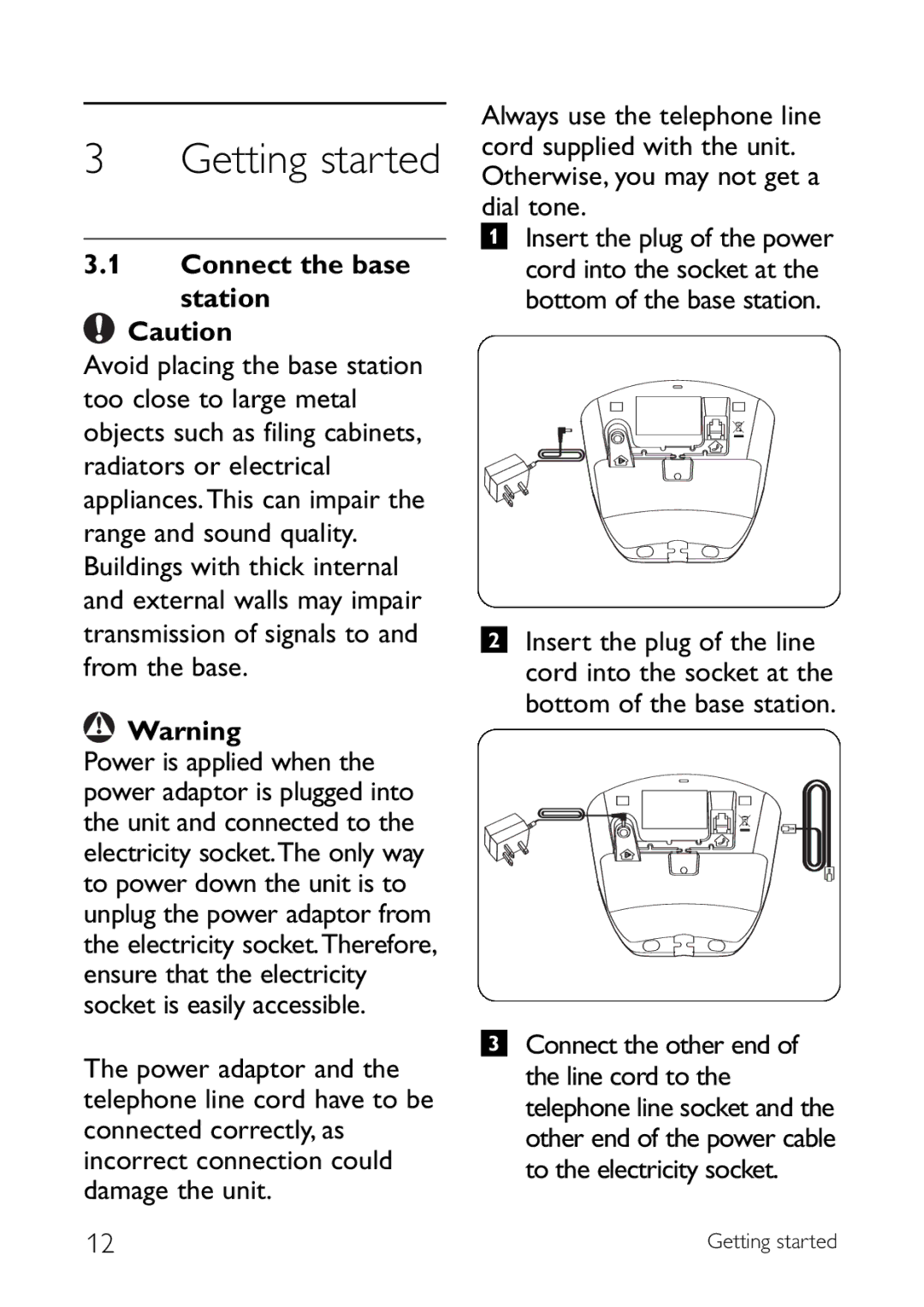 Philips CD145 manual Getting started, Connect the base Station 