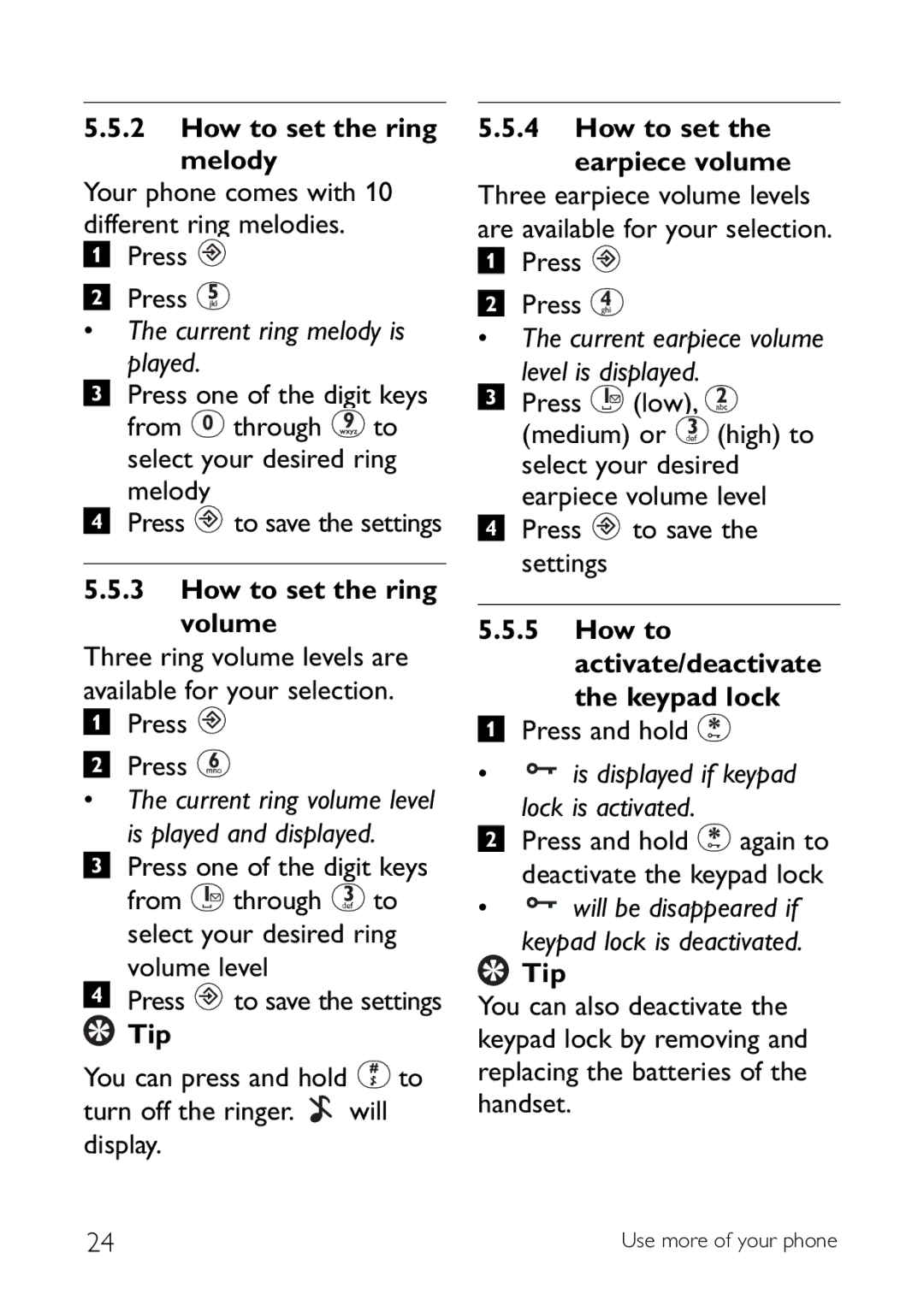 Philips CD145 manual How to set the ring Melody, How to set the ring volume, How to set the earpiece volume 