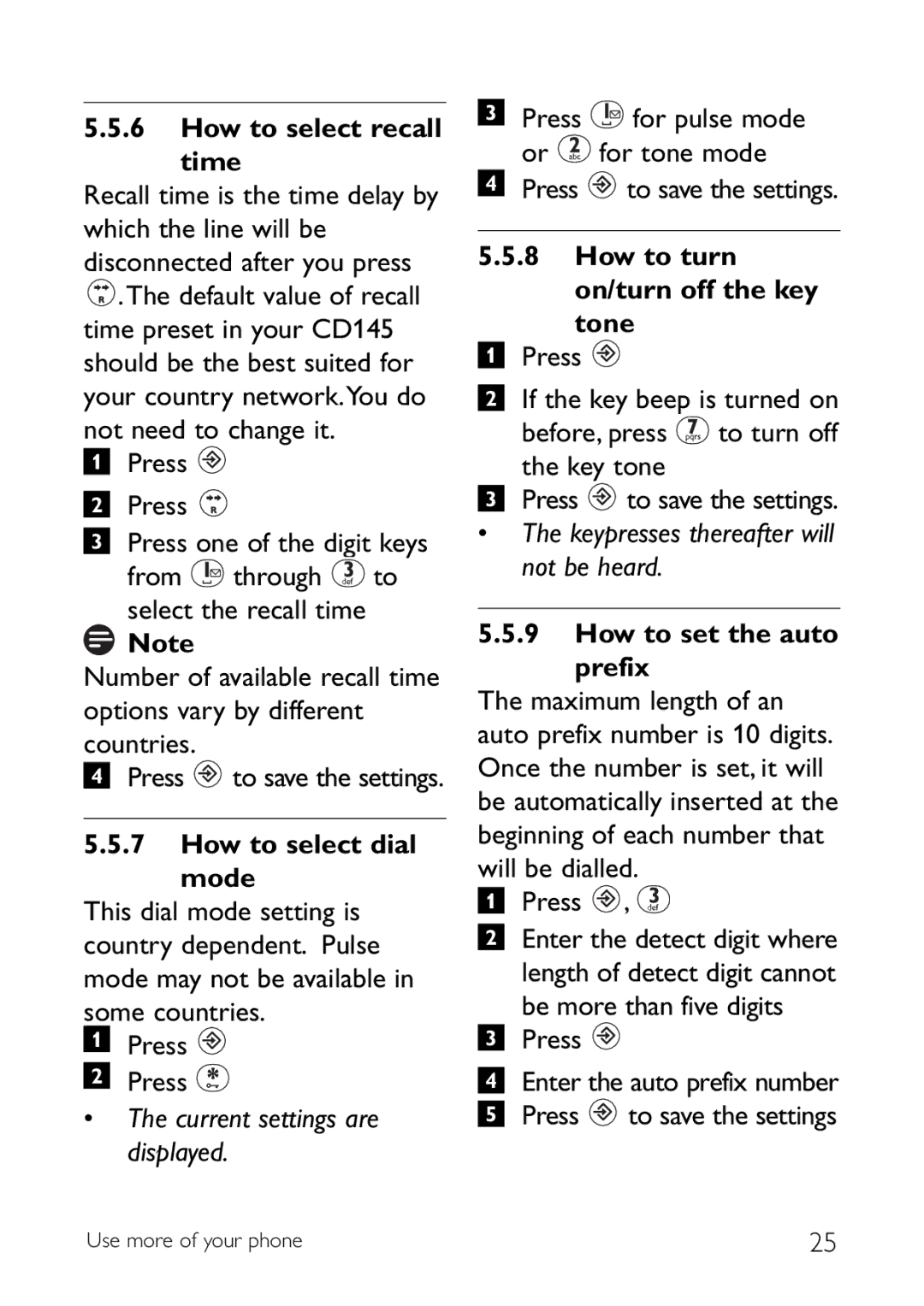 Philips CD145 manual How to select recall time, How to select dial Mode, Current settings are displayed 