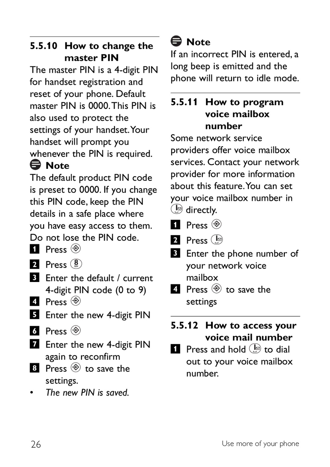 Philips CD145 manual How to change the master PIN, New PIN is saved, How to program voice mailbox Number 