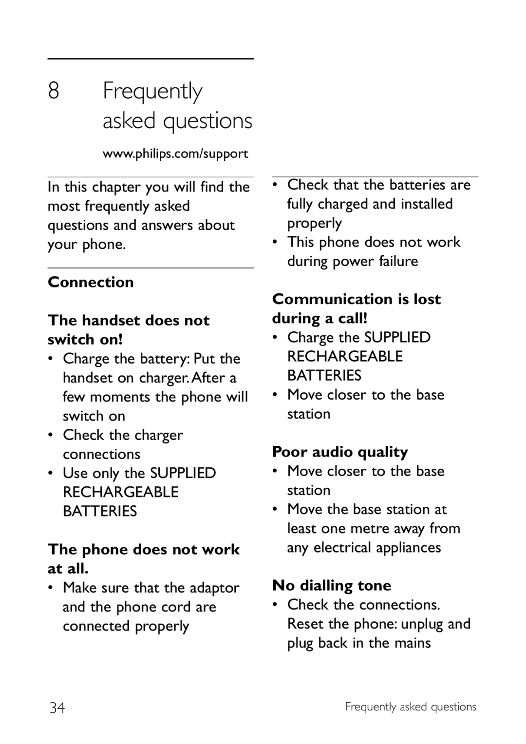 Philips CD145 manual Connection Handset does not switch on, Phone does not work at all, Communication is lost during a call 