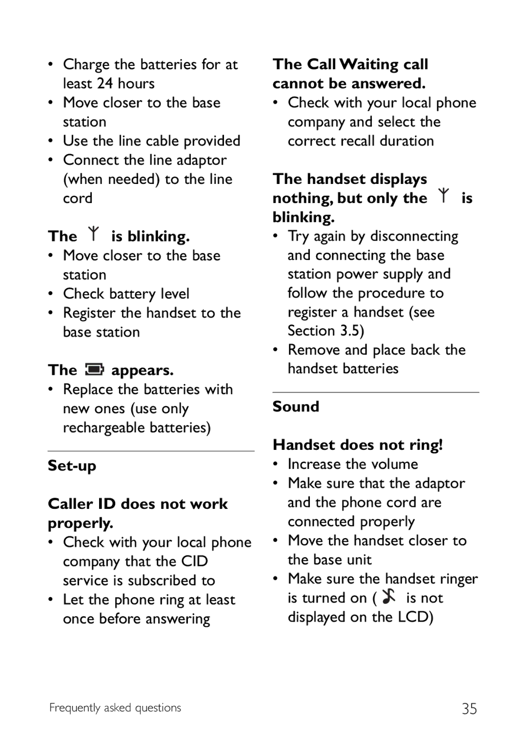 Philips CD145 manual Is blinking, Appears, Set-up Caller ID does not work properly, Call Waiting call cannot be answered 