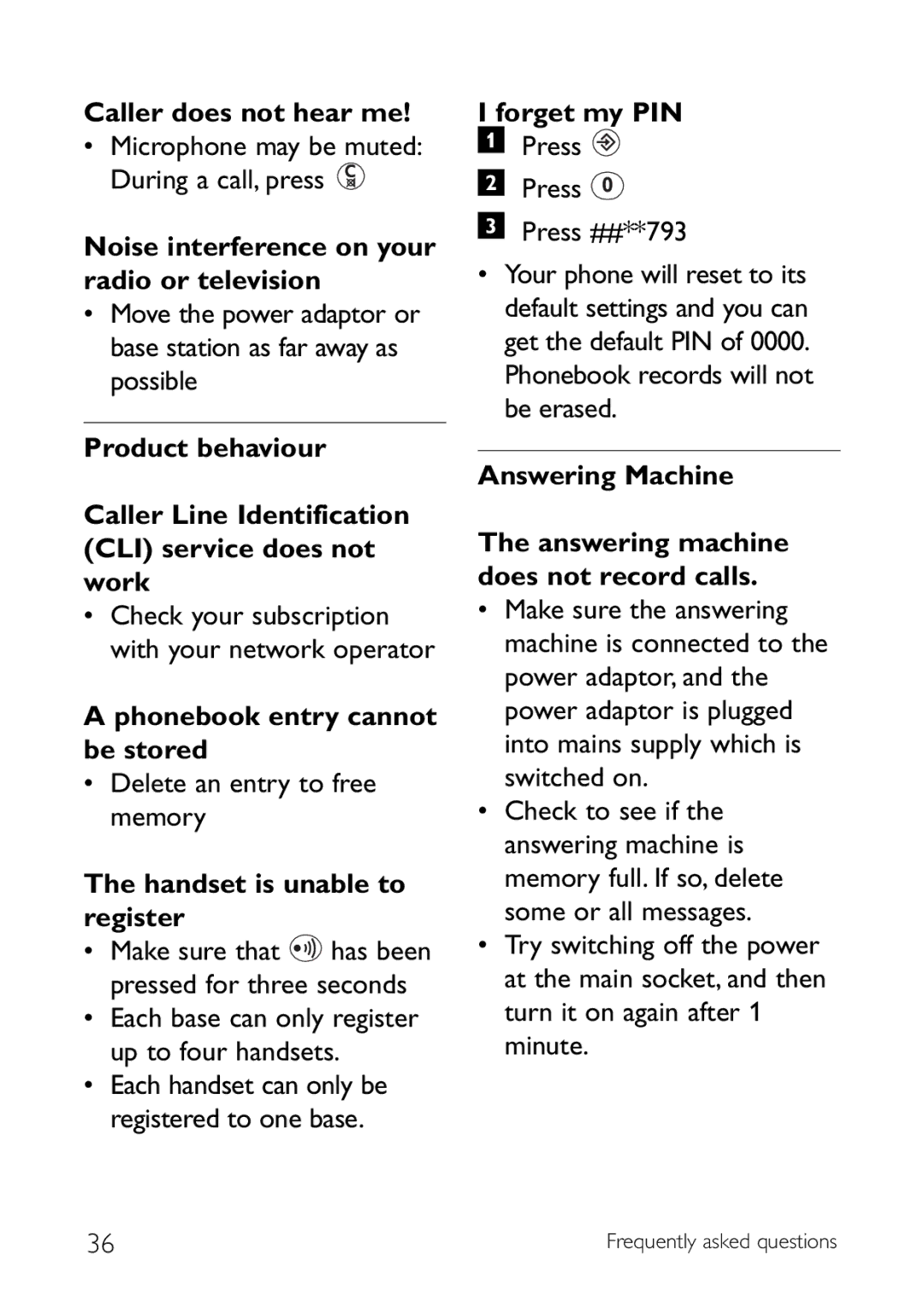 Philips CD145 Caller does not hear me, Noise interference on your radio or television, Phonebook entry cannot be stored 