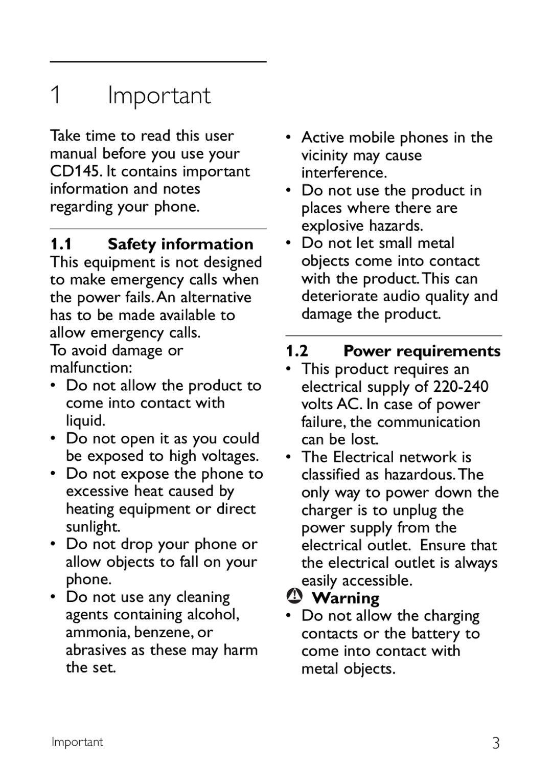 Philips CD145 manual Power requirements 