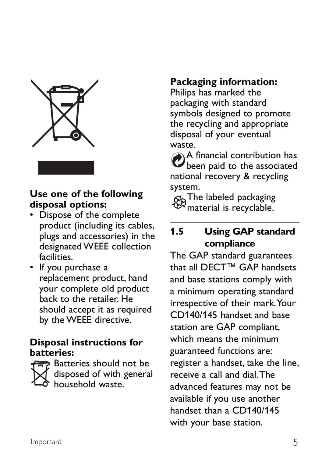 Philips CD145 manual Use one of the following disposal options, Disposal instructions for batteries 