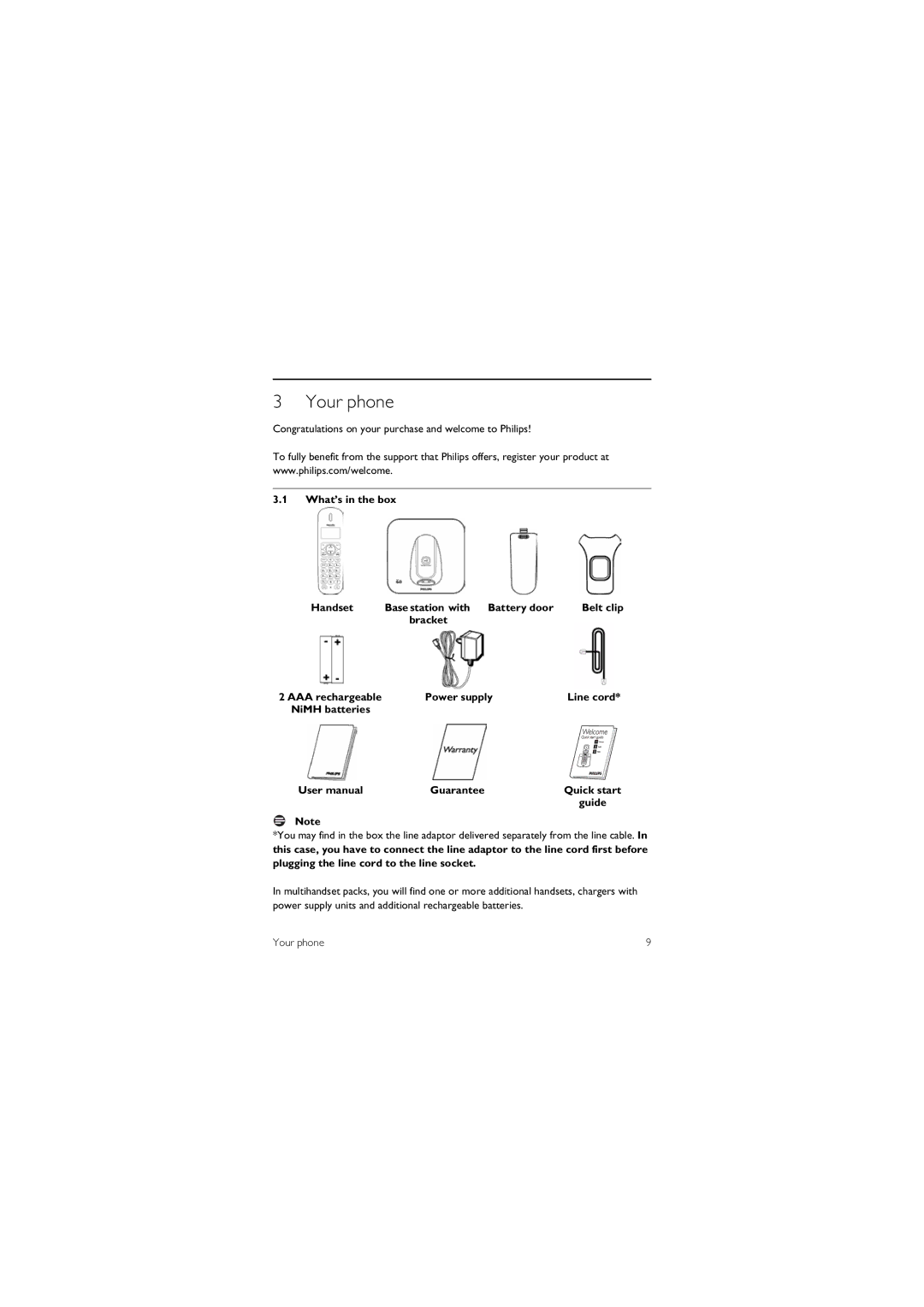 Philips CD150 Your phone, Congratulations on your purchase and welcome to Philips, Bracket AAA rechargeable Power supply 