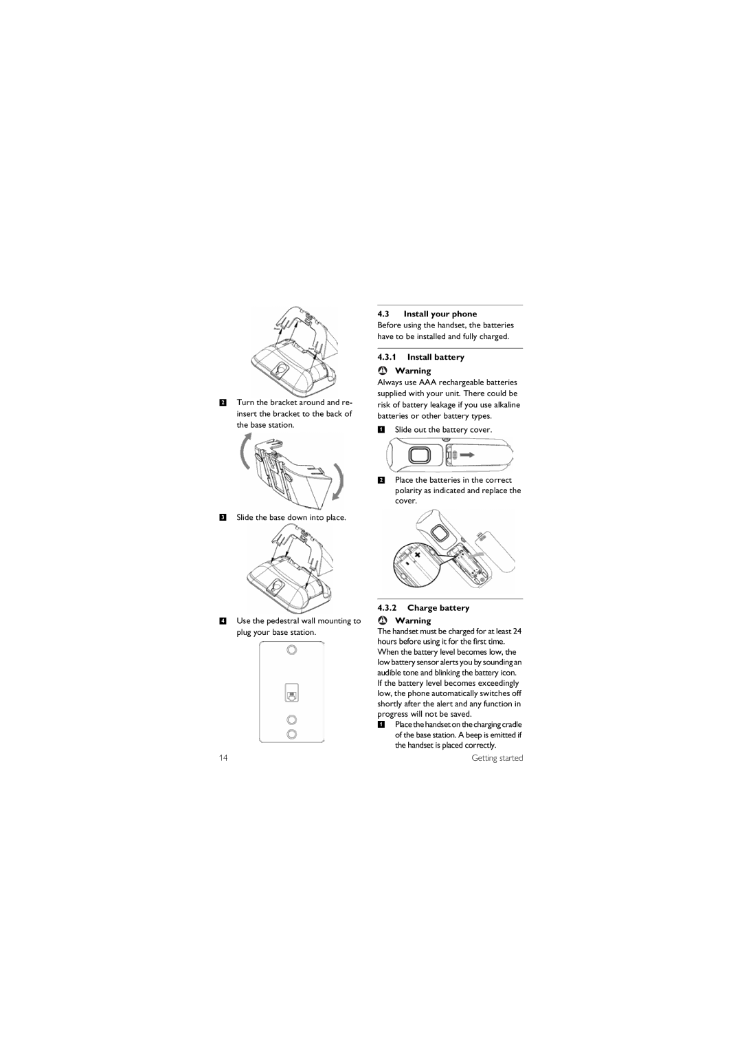 Philips CD150 manual Install your phone, Install battery, Charge battery 