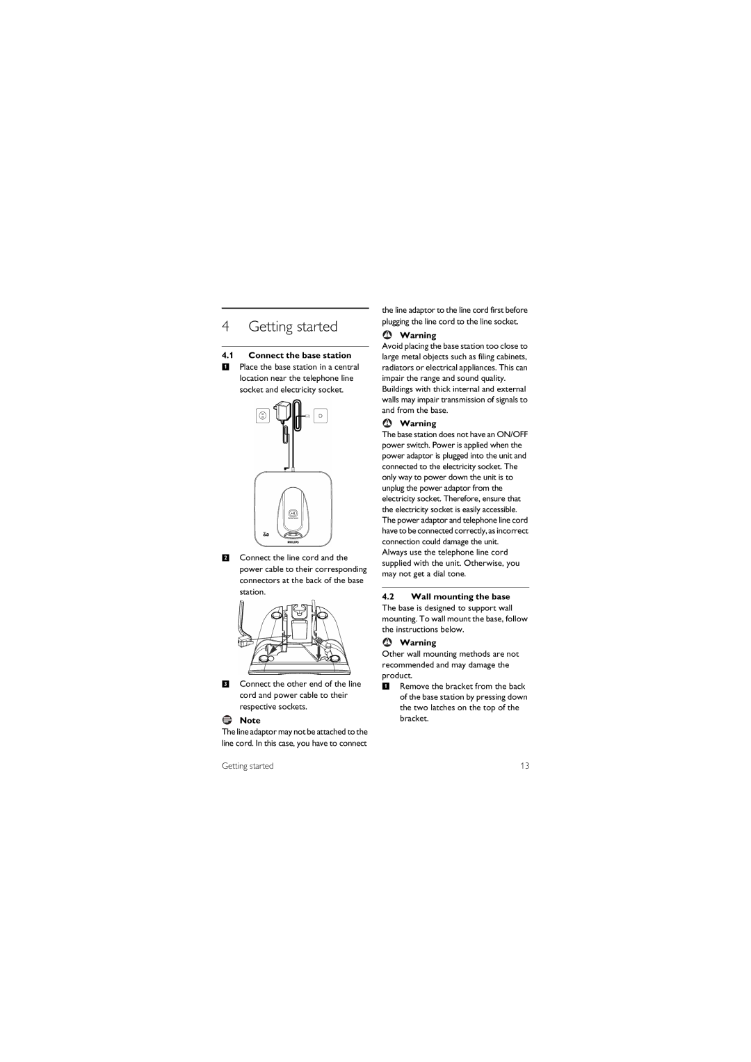 Philips CD1502B manual Getting started, Connect the base station 