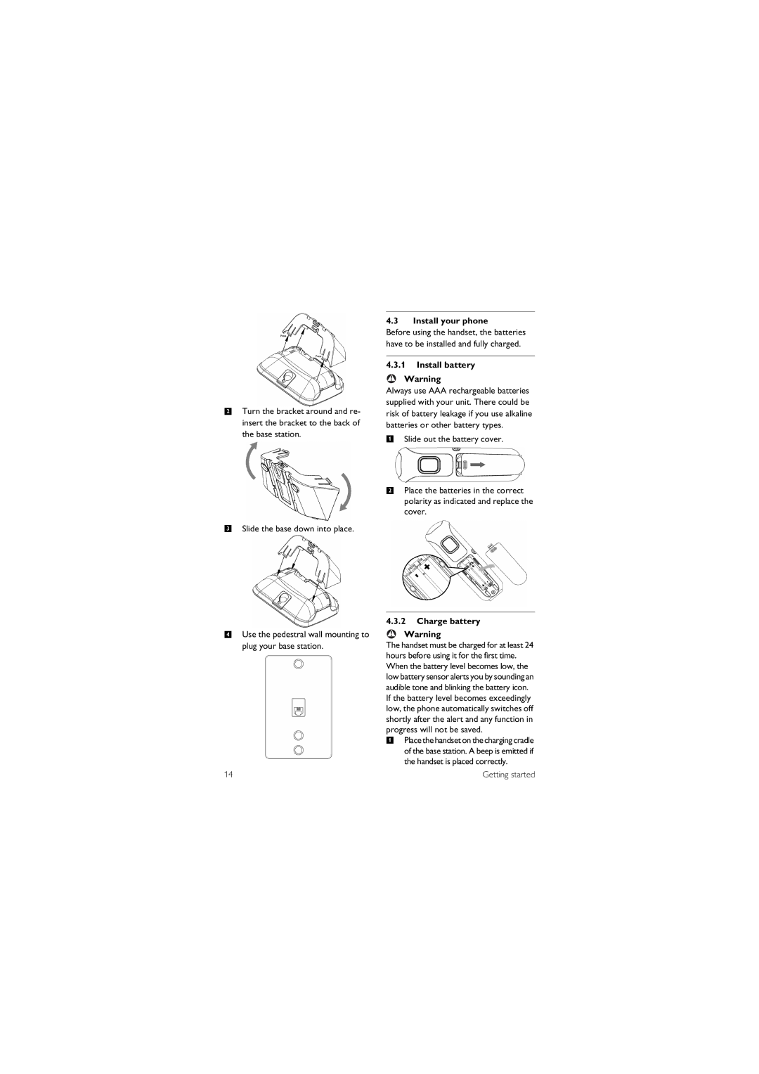 Philips CD1502B manual Install your phone, Install battery, Charge battery 