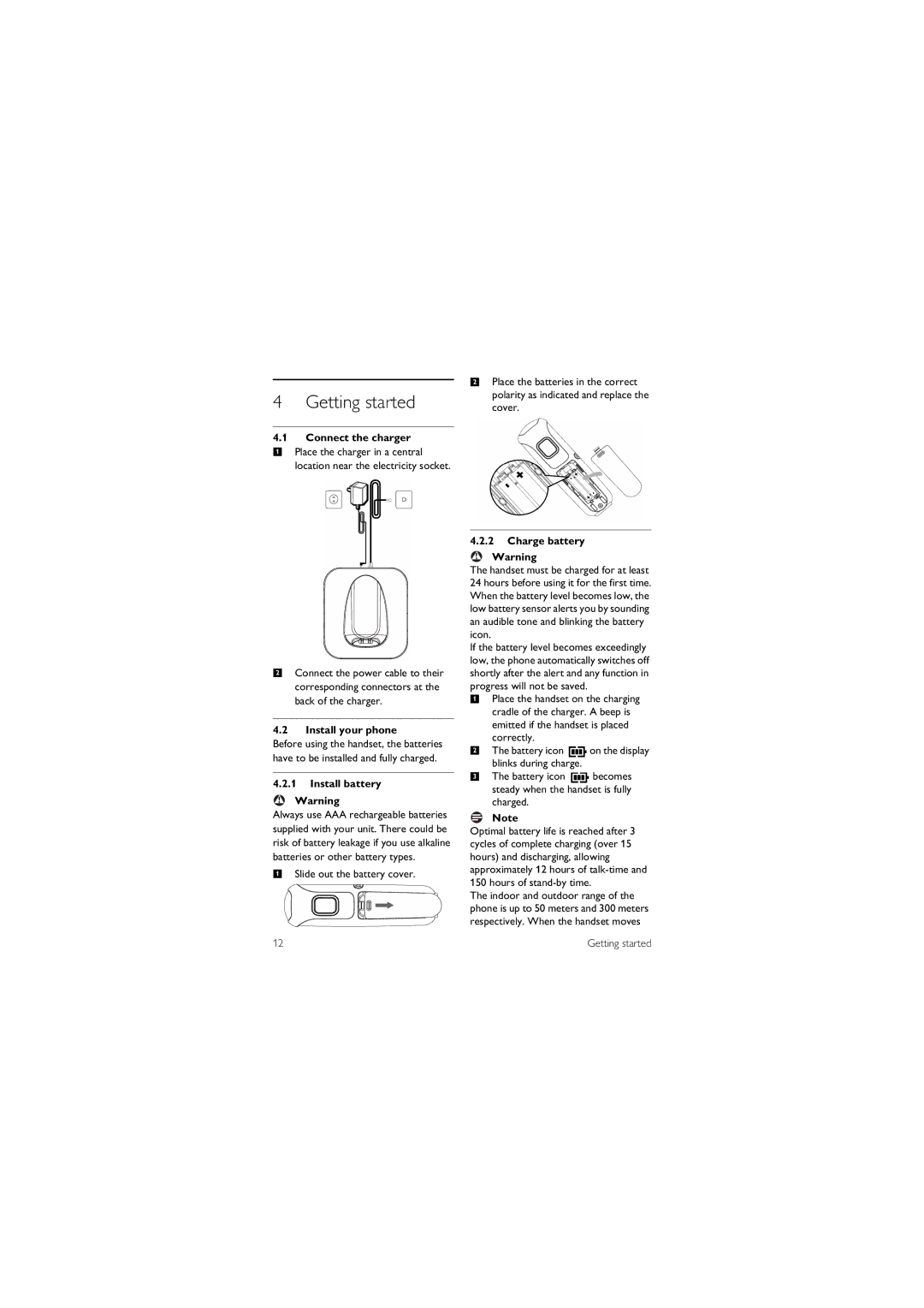 Philips CD1550B, CD 1550 manual Getting started, Connect the charger, Install your phone, Install battery, Charge battery 