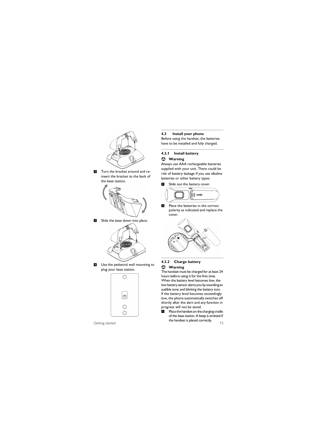 Philips CD1551B manual Install your phone, Install battery, Charge battery 