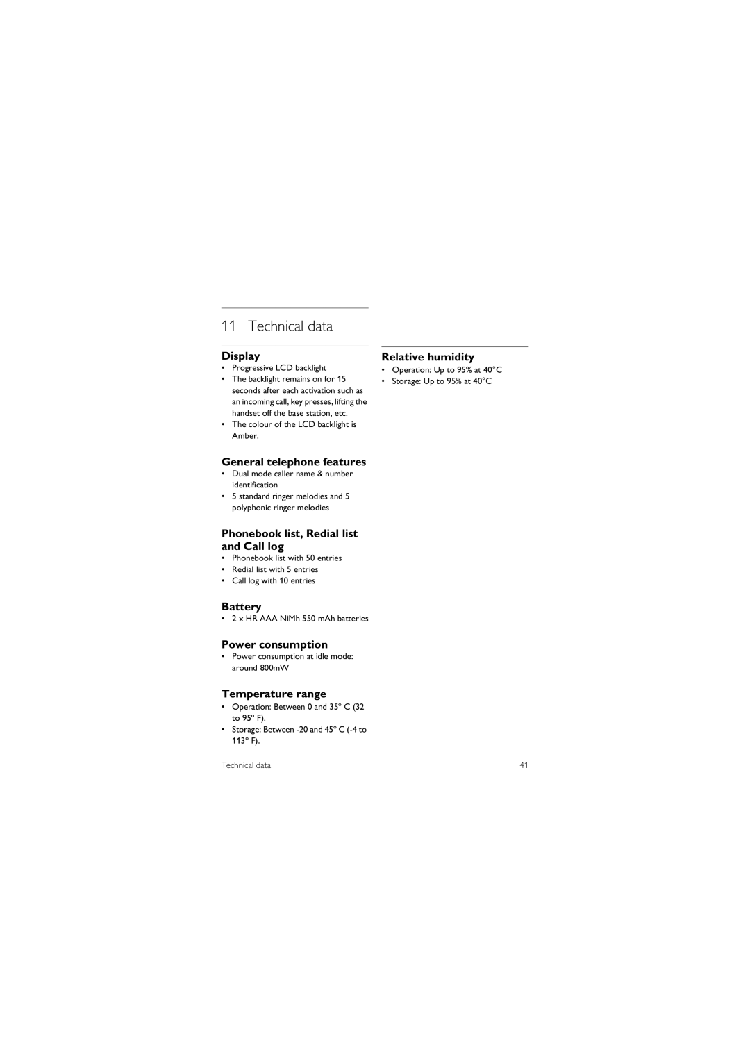 Philips CD1551B manual Technical data, Progressive LCD backlight, Colour of the LCD backlight is Amber 