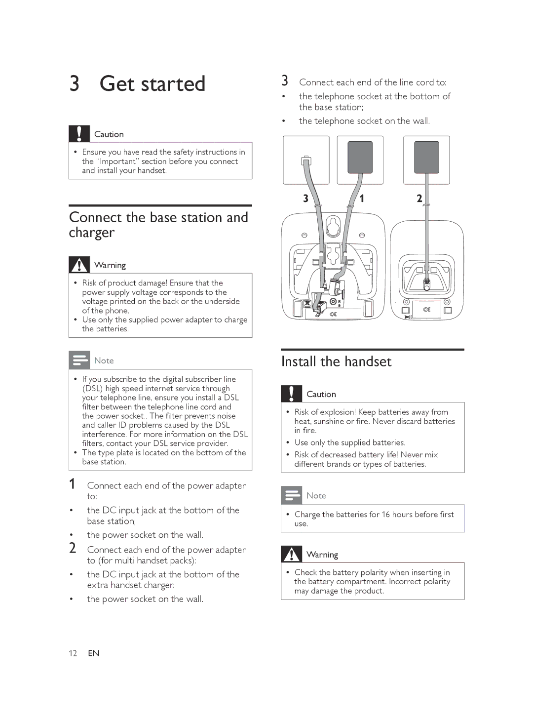 Philips CD175, CD170, SE170, SE175 user manual Get started, Connect the base station and charger, Install the handset 