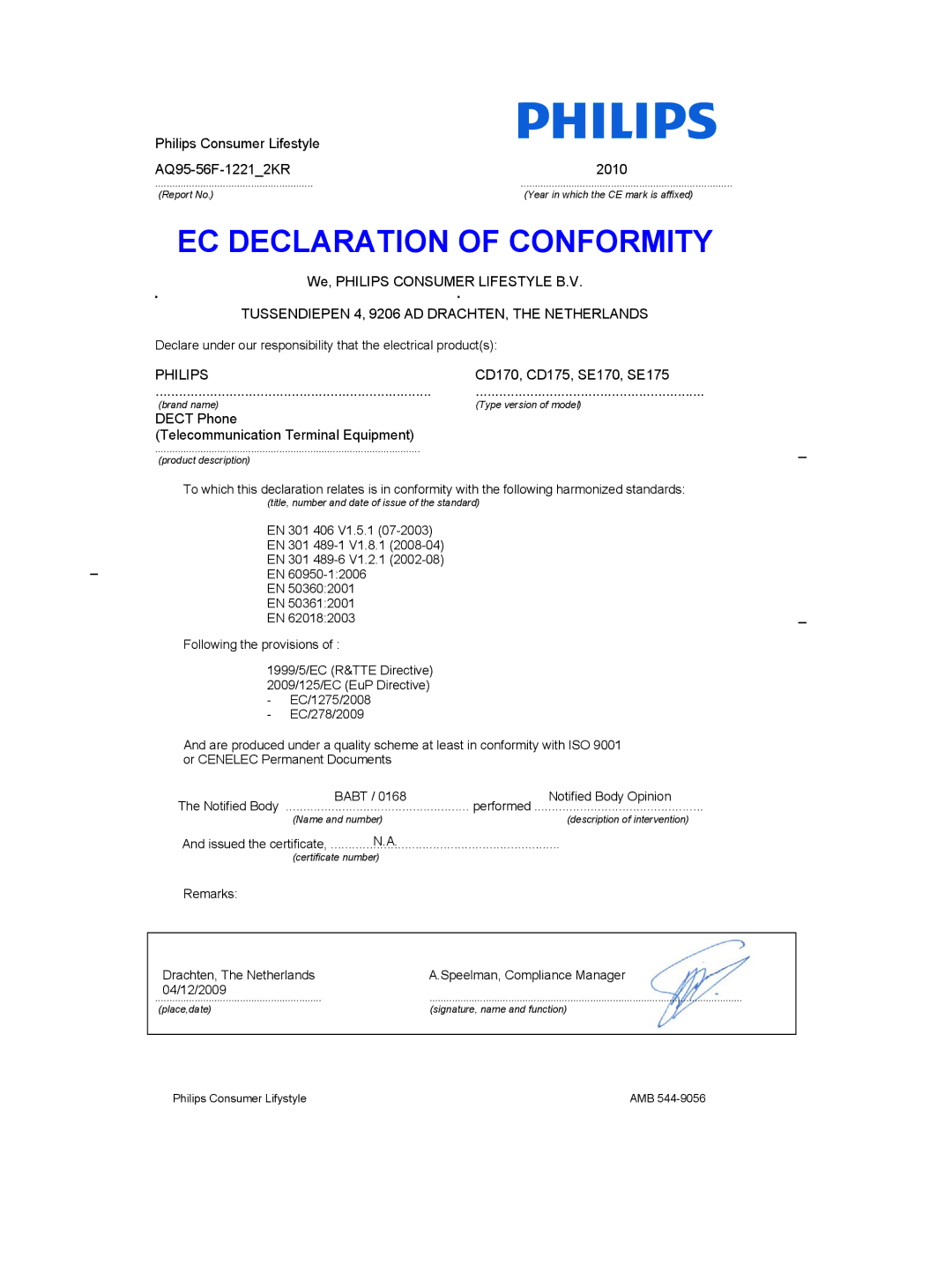 Philips SE170, CD175, CD170, SE175 user manual EC Declaration of Conformity 