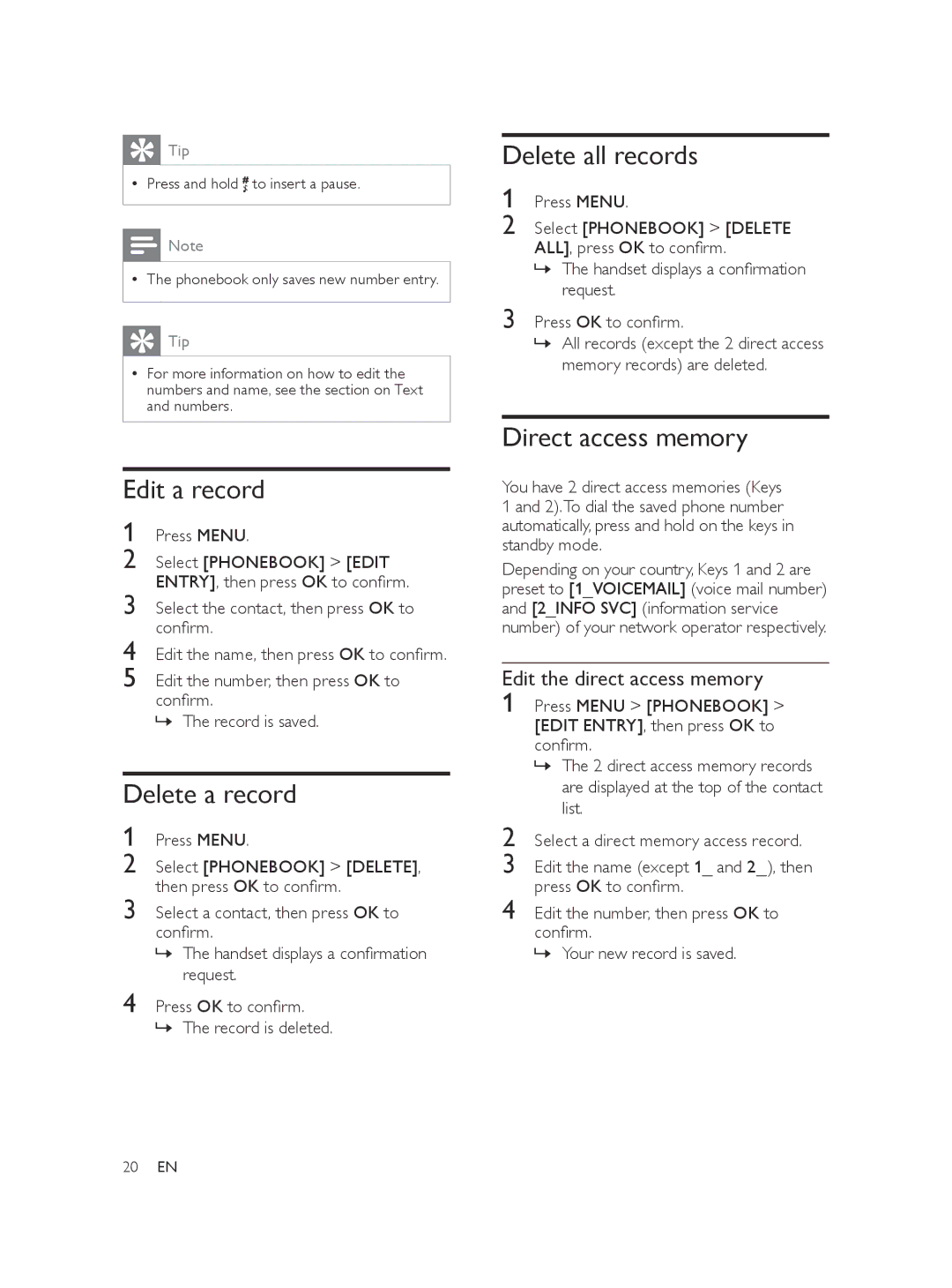 Philips CD175 Edit a record, Delete a record, Delete all records, Direct access memory, Edit the direct access memory 