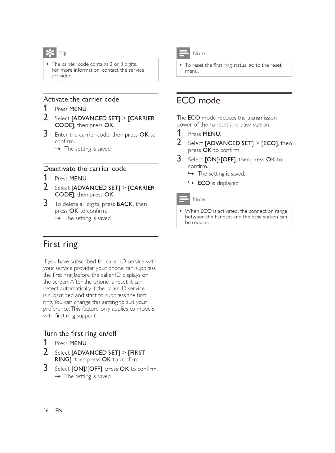 Philips SE170, CD175, CD170, SE175 user manual First ring, ECO mode, »» ECO is displayed 