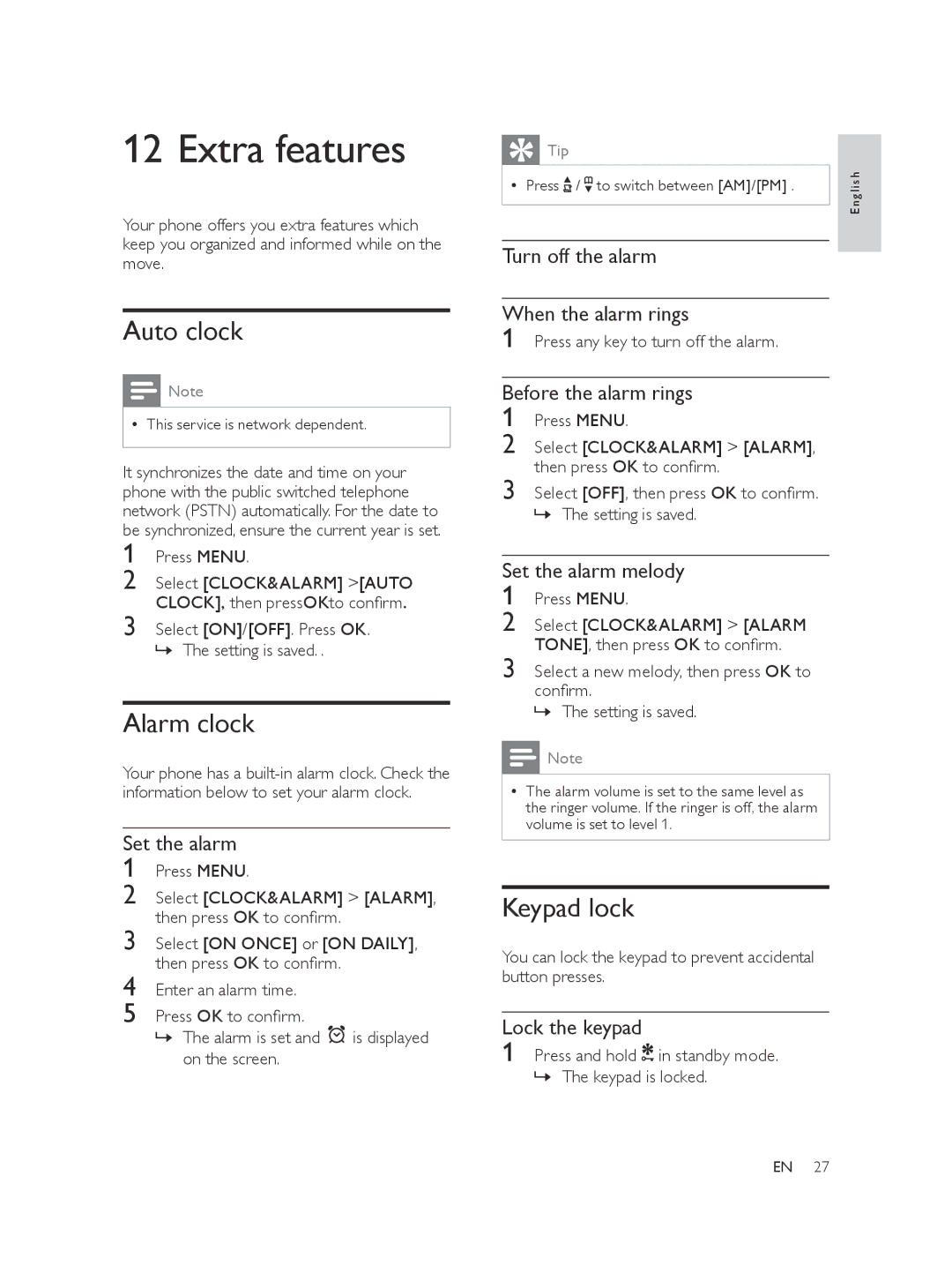 Philips SE175, CD175, CD170, SE170 user manual Extra features, Auto clock, Alarm clock, Keypad lock 