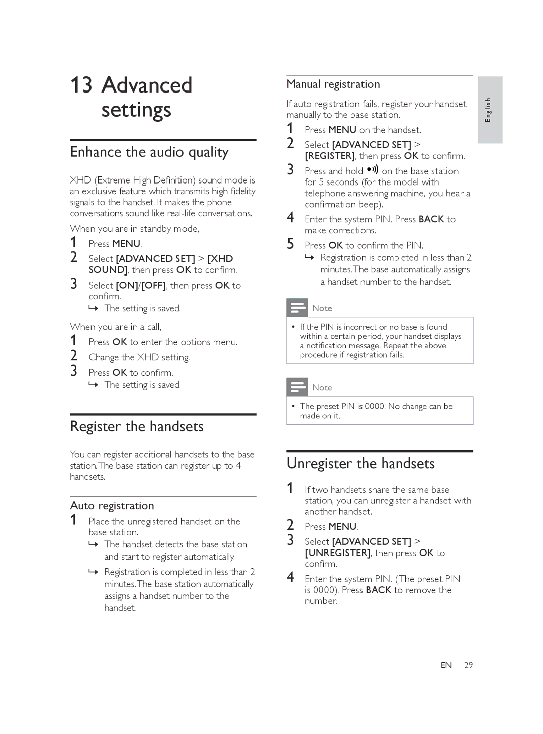 Philips CD170, CD175, SE170 Enhance the audio quality, Register the handsets, Unregister the handsets, Auto registration 