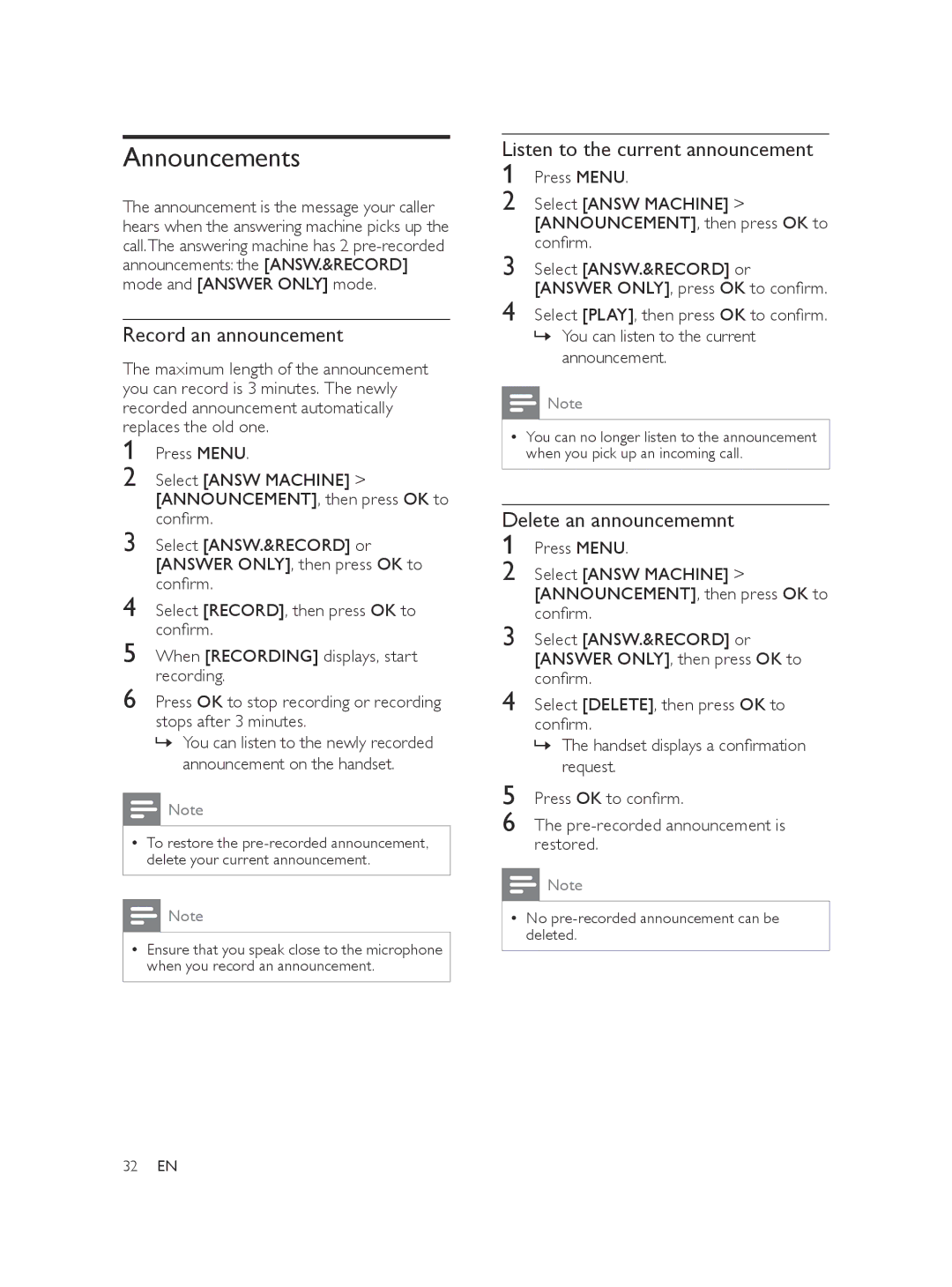 Philips CD175, CD170, SE170, SE175 Announcements, Record an announcement, Listen to the current announcement 1 Press Menu 