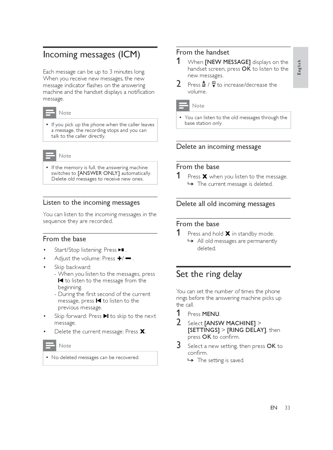 Philips CD170, CD175, SE170, SE175 user manual Incoming messages ICM, Set the ring delay 