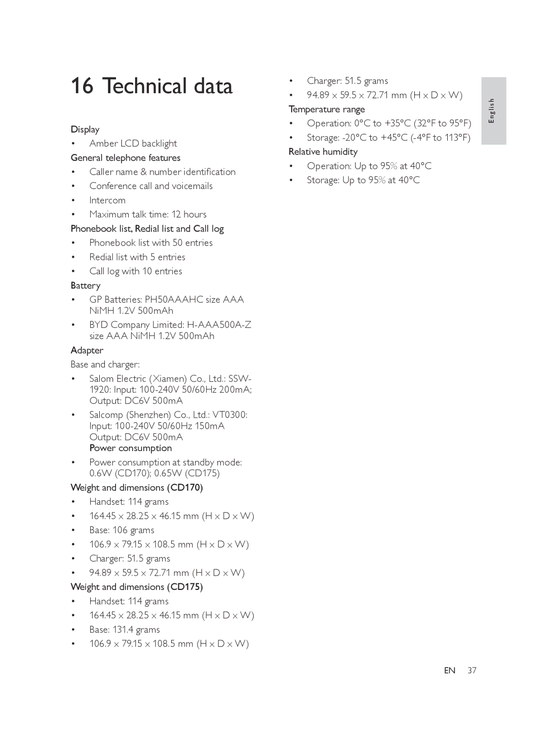 Philips CD170, CD175, SE170, SE175 user manual Technical data, Display 