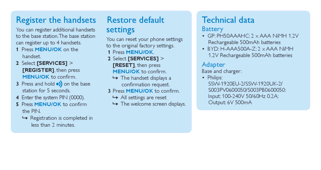 Philips CD186, CD181 quick start Register the handsets, Restore default settings, Technical data, Battery, Adapter 