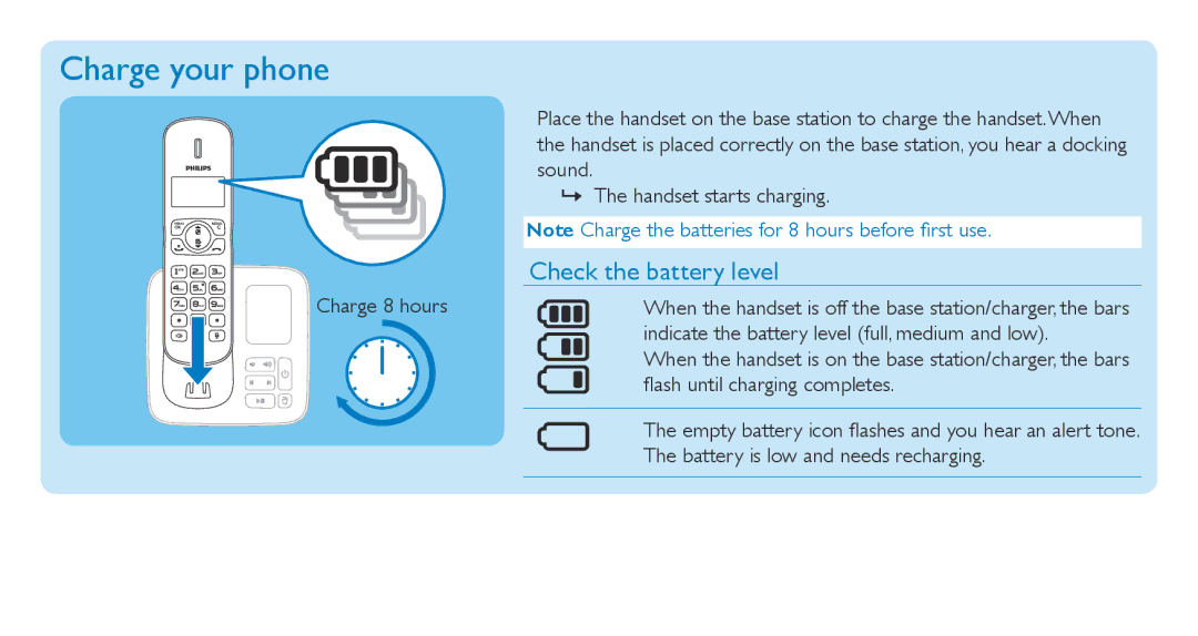 Philips CD181, CD186 quick start Charge your phone, Check the battery level 