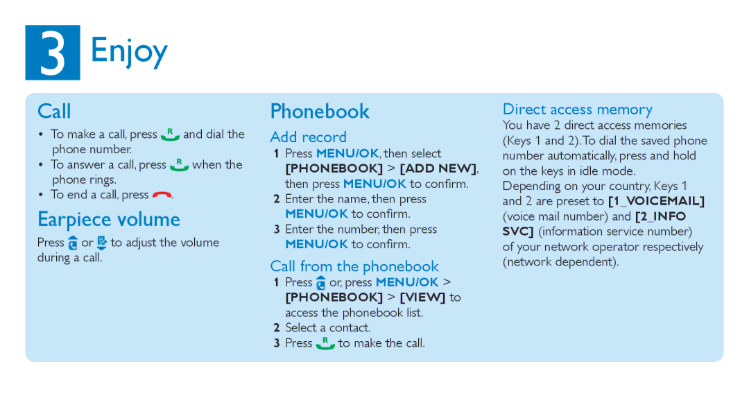 Philips CD186, CD181 quick start Enjoy, Call, Earpiece volume, Phonebook 