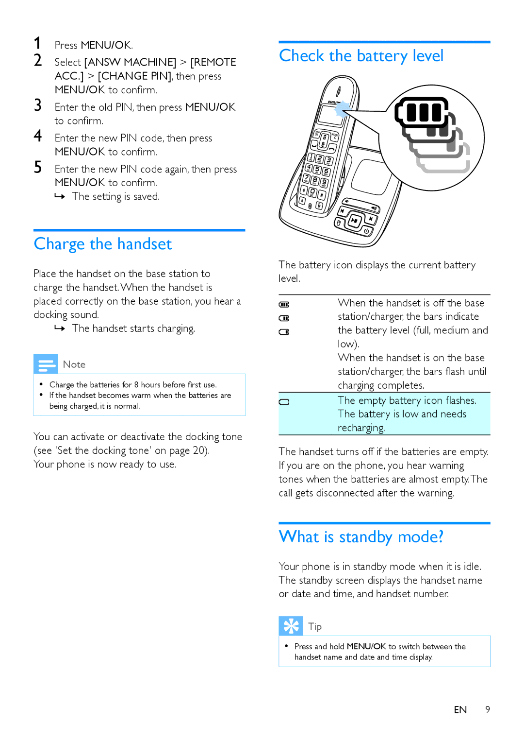 Philips CD190, CD195 user manual Charge the handset, Check the battery level, What is standby mode? 